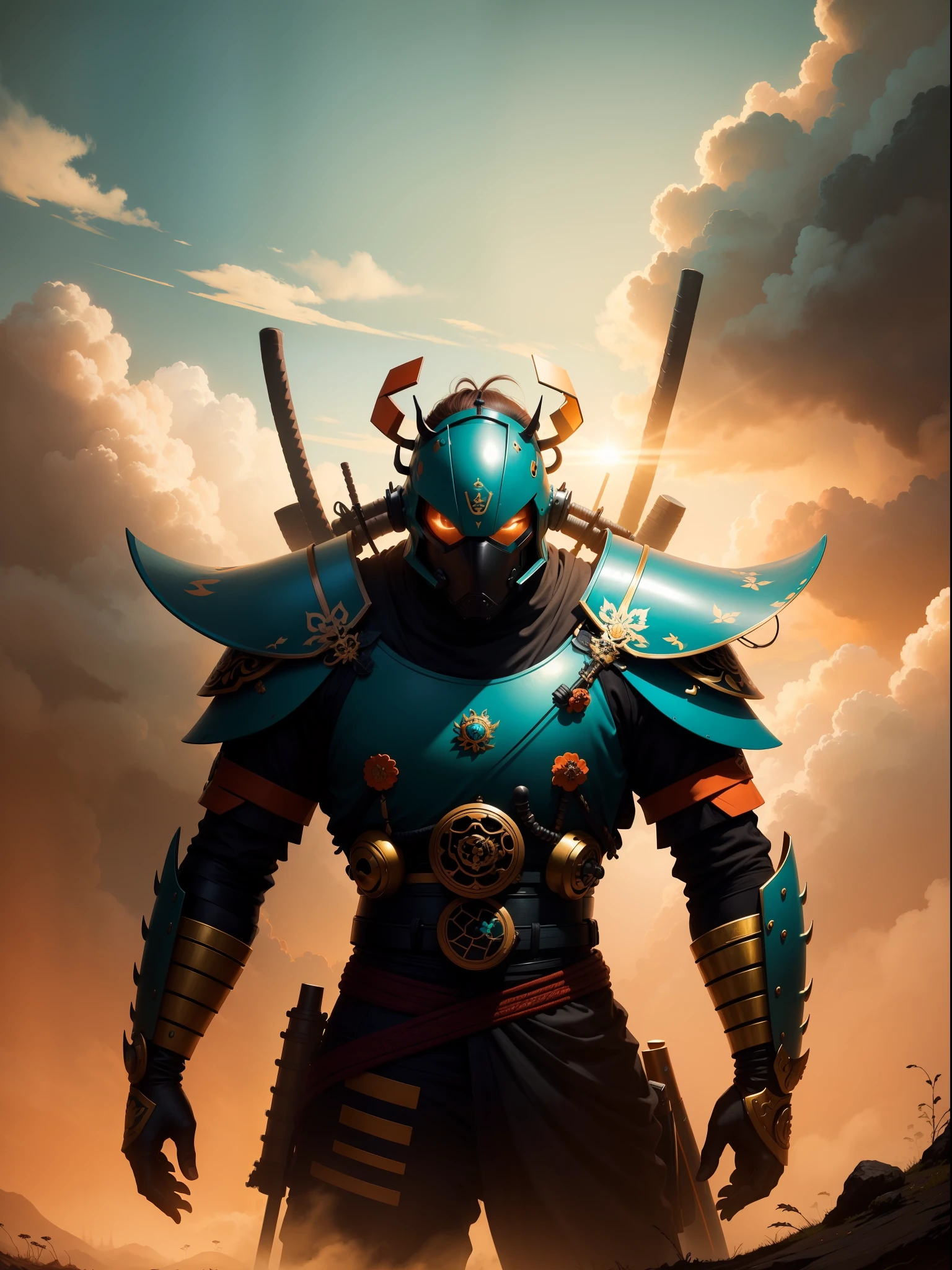 Ant samurai, Ant, samurai, Teal and Orange, forest, clouds, golden hour, cinematic look, hyperdetailed, atmosphere HD, HDR, full hd, super detailed, super intricated, detailed, intricated, ultra detailed, ultra intricated