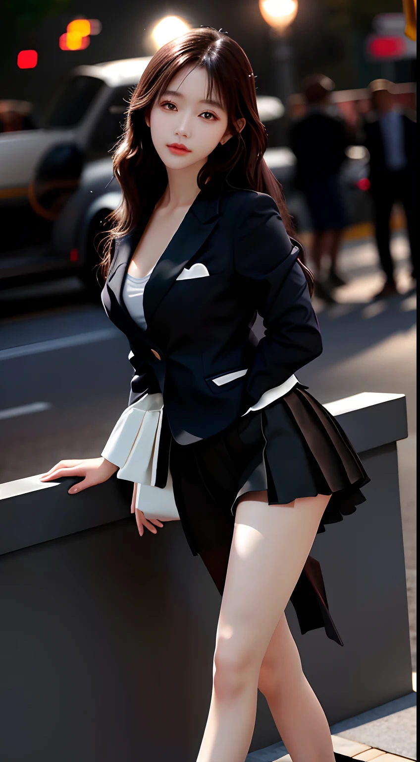 (Masterpiece:1.2), (Best quality), (Full body like:1.3) ,(Ultra detailed), (8K, Intricate), (Lens 135mm,F1.8), (Photorealistic)(Black background:1.3), Portrait photography，(dynamicposes)，Side lighting,Edges are lit,Best shadow,Area light source,Perfect anatomy,Perfect face shape,Perfect for women,First-class female body,Refines skin texture,Fine cloth pattern,Meticulous beauty,Delicate and delicate skin，highlydetailed skin，paleskin，Delicate hair，glistning skin，top Quority， realisticlying， 8K， k hd， 1 rapariga， Female pervert, (Full body like:1.3)， schools，痴女， blazer jacket， 校服，Visible nipple， with no underpants， The skirt is boldly pulled up， （legs are open）， bend the knees and open the legs， The hairstyle is slightly shorter， Open your legs by grasping your knees with your hands， Buttoned shirt flutters