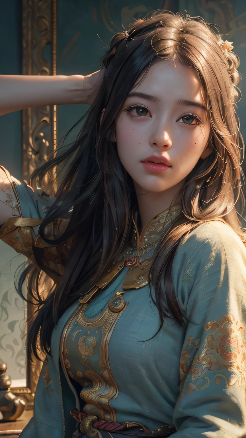(RAW photo, best quality), (realistic, photo-realistic:1.3),best quality,highly detailed,masterpiece,ultra-detailed,illustration,1girl,upper_body,dynamic angle,world masterpiece theater,messy_long_hair,best quality,extremely detailed CG unity 8k wallpaper,ink,Amazing,cinematic lighting,lens_flare,,dunhuang_style
