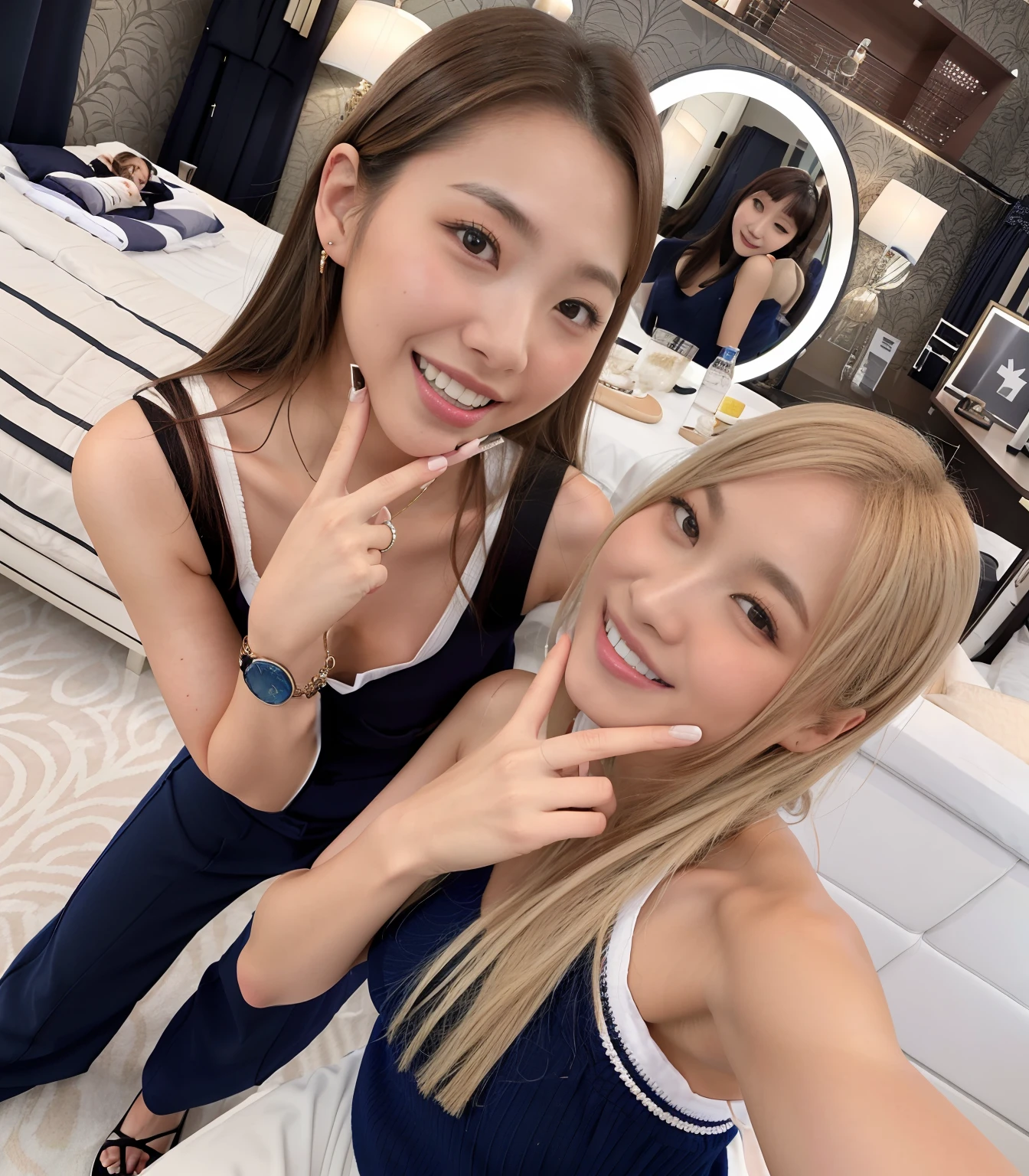 Two women taking photos in luxury hotel room, blue clothing、ayami kojima and lyde caldwell, perfect smile vogue, yoshitomo nara and aya takano, misa amane *, kda and sam yang, misa amane, with black, model エリサヘス s from acquamodels, Larisa Manobal、No background
