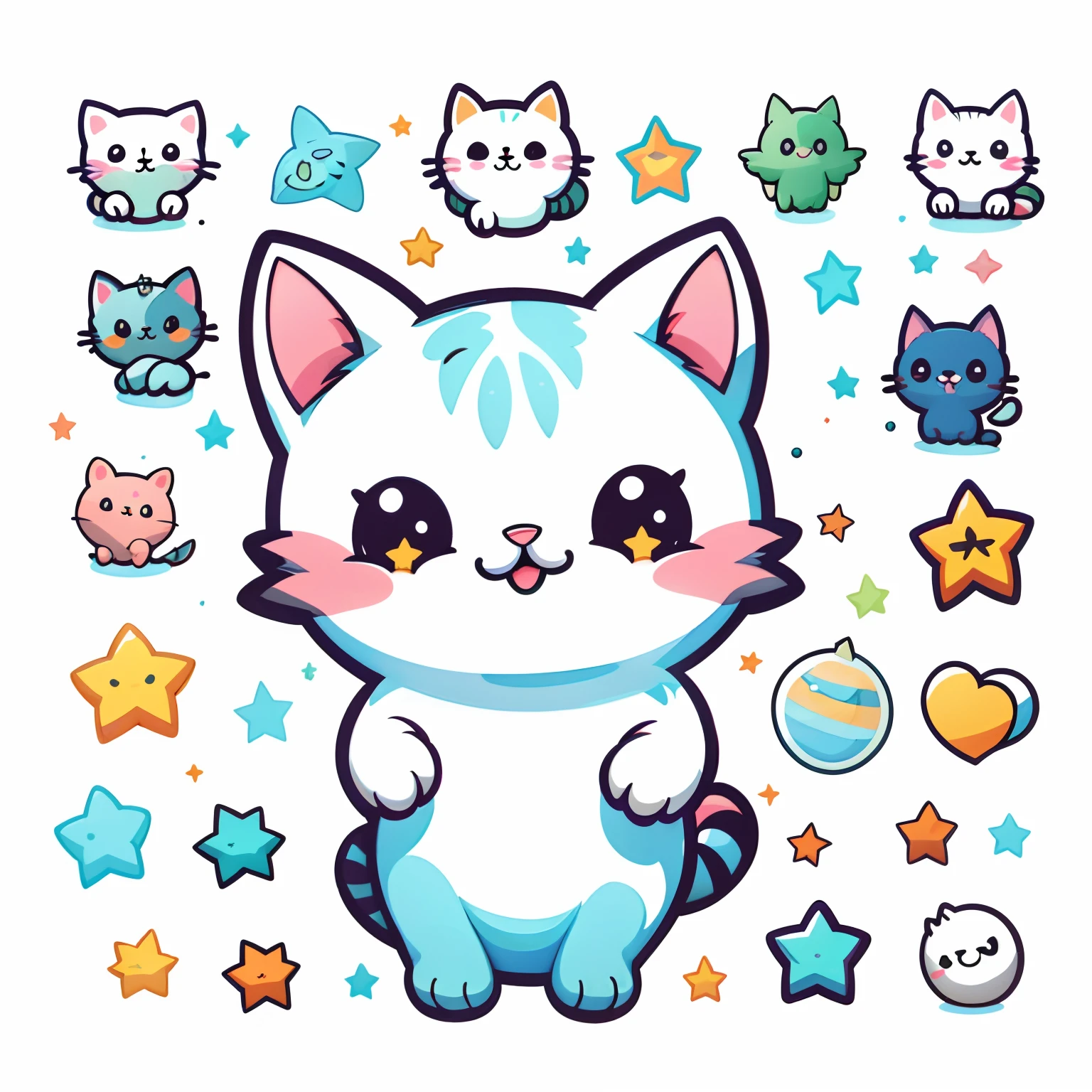 1 sticker, sticker, (cute, cat), stars, white background, no background, simple background, minimal, cute, tiny, pastel color, vector style, no gradient,