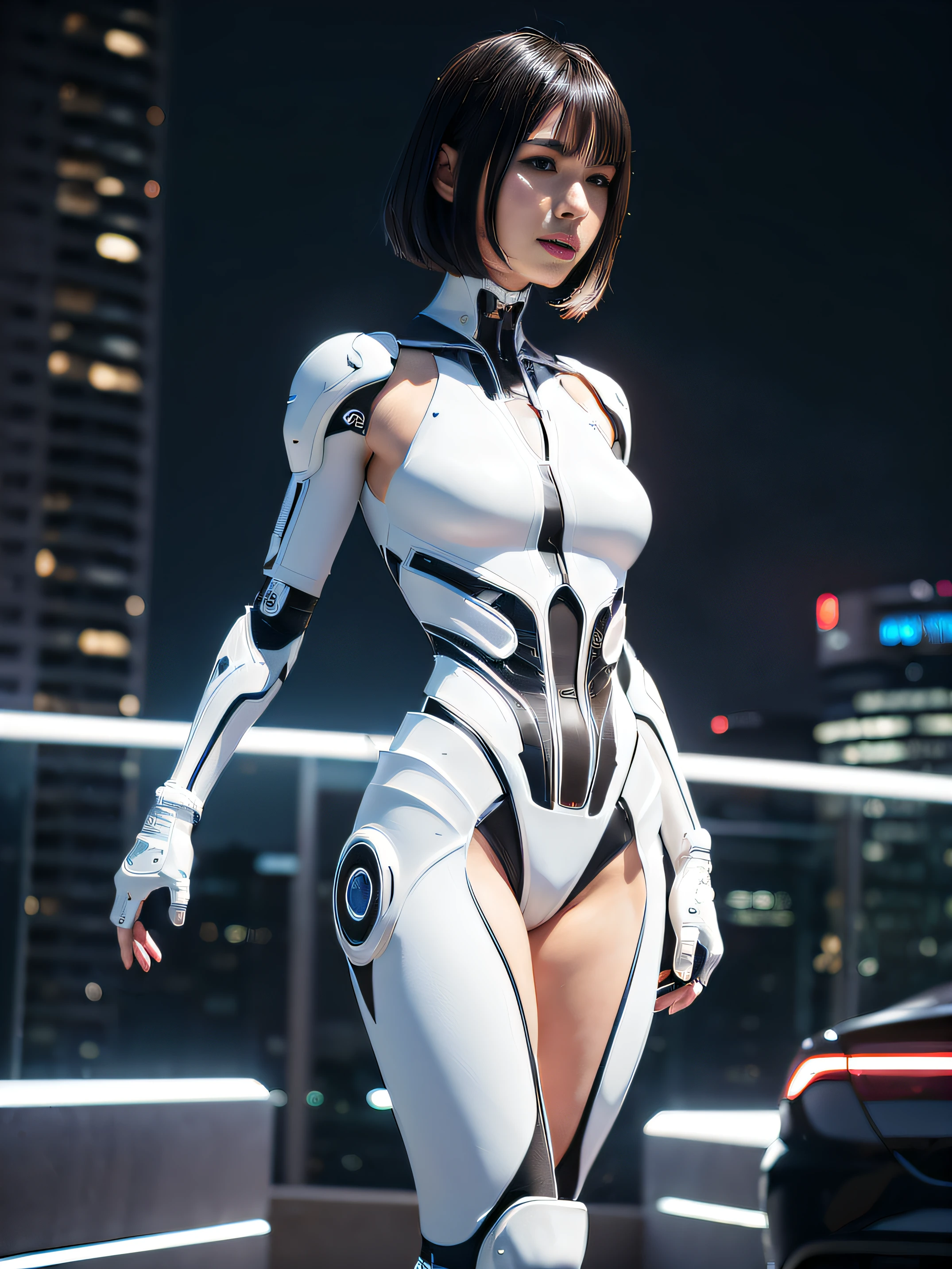 Araffe in a futuristic costume stands in front of a car, perfect anime cyborg woman, Beautiful alluring cyborg woman, Image of a beautiful cyborg, beutiful girl cyborg, Beautiful cyborg woman, perfect cyborg female, gynoid cyborg body, beutiful white girl cyborg, japanese cyborg, cybersuits, cute cyborg girl, Oppai Cyberpunk