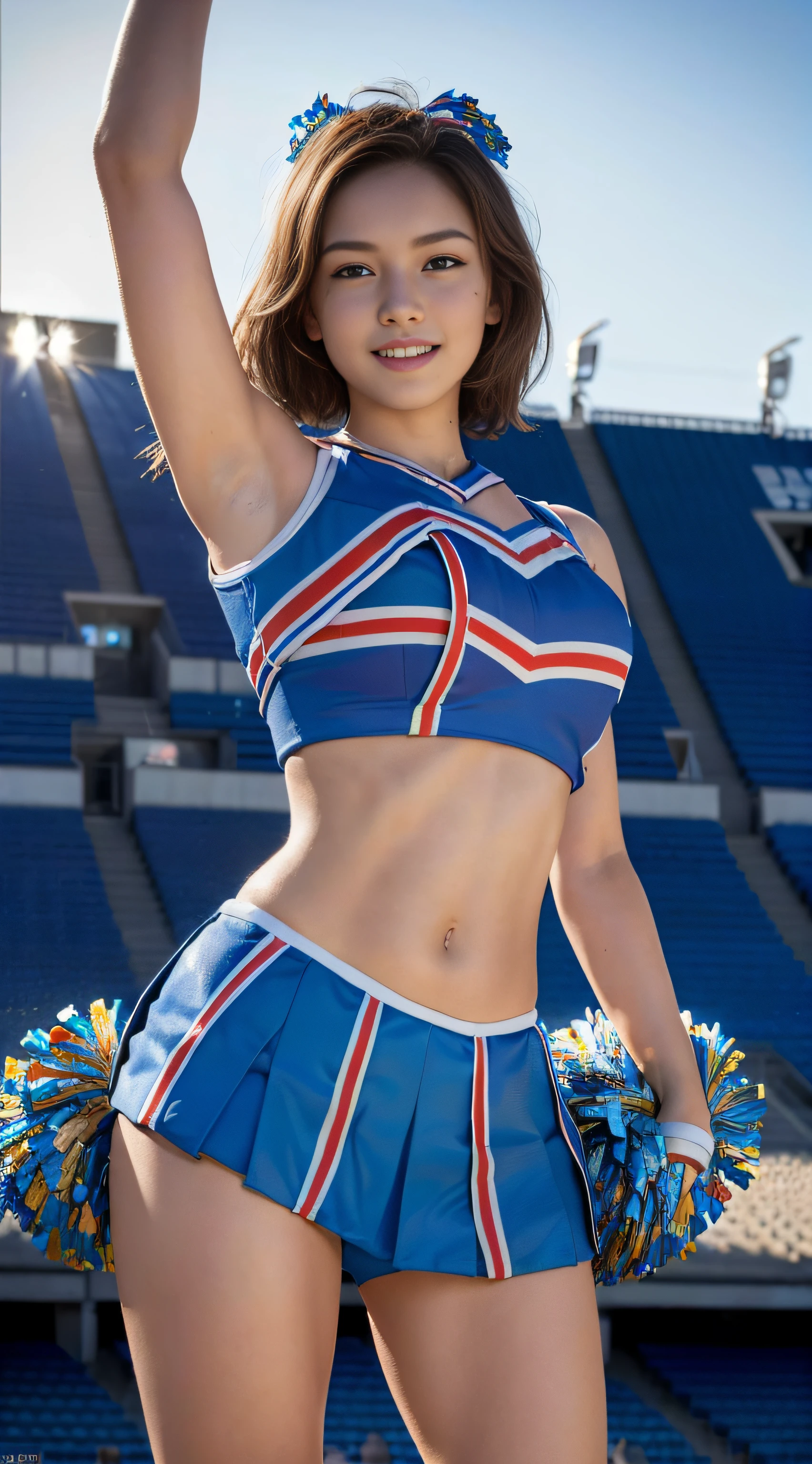 ((Best Quality, 8k, photo realistic:1.4, Masterpiece)), back Lighting, highly detailed facial textures women, 18yo, (((bule Cheerleader:1.2))), ((Stadium Background: 1.2)), arm up, ultra-detailed skin, beautiful make up, detailed eyes, smile, open mouth, shiny brown messy short hairstyles, squat pose