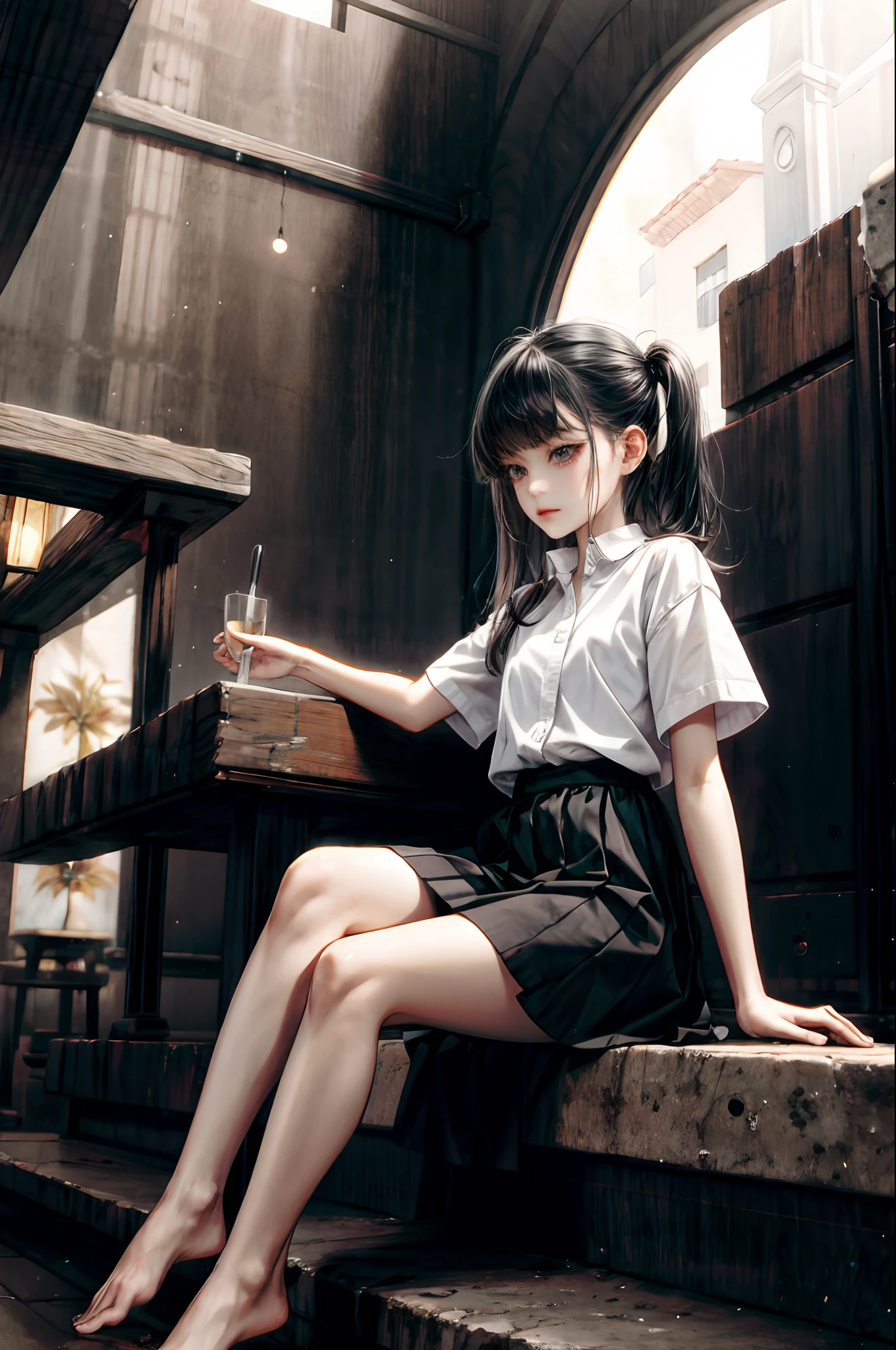 Barefoot ,raising her legs,clothes are disheveled,