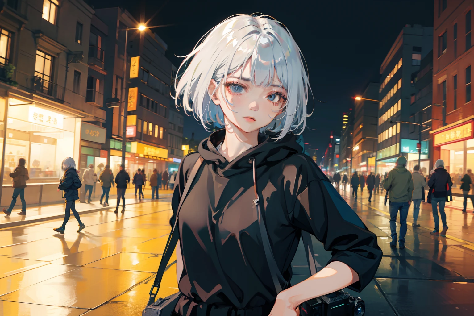 独奏、动态照明、jaket、parka、Gray Hair Bob、Messy hair、intense action、cool expression、full bodyesbian、Lots of colors、Fancy effects、City at night、​masterpiece、top-quality、hight resolution、tre anatomically correct、Don't look at the camera、