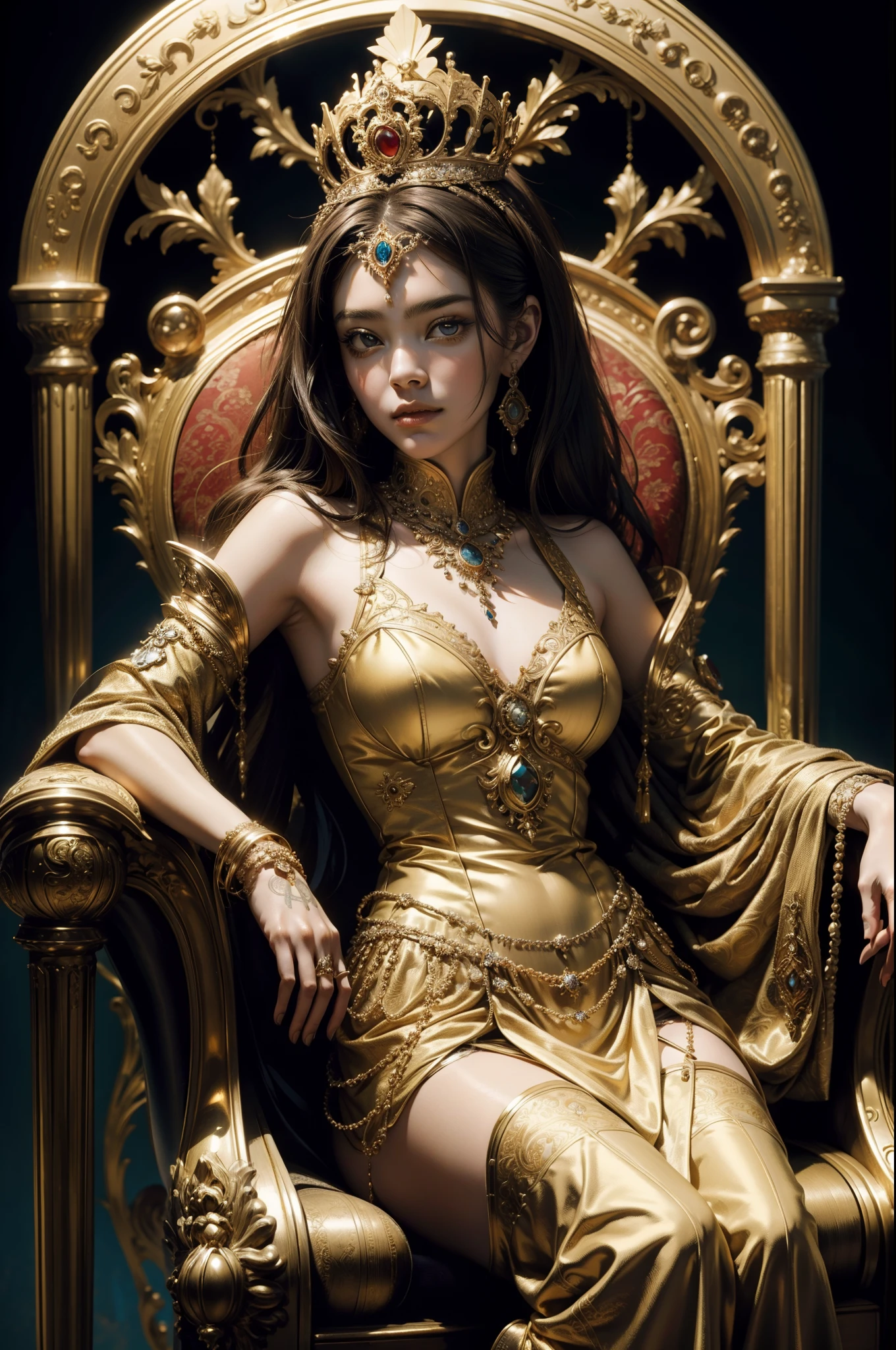 Surrealist portraits of women,Wearing ornate decorations on the head,seated on a throne,looking to the camera,The costumes are charming,8k, super detail masterpiece, textured skin, Award-Awarded