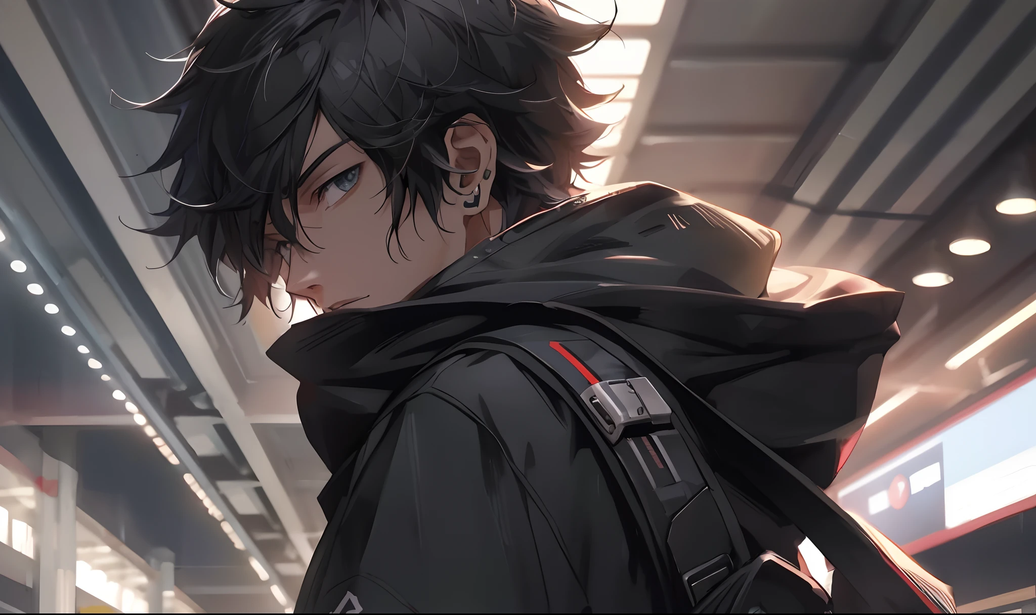 Anime boy with black hair and black jacket standing in a subway station ...