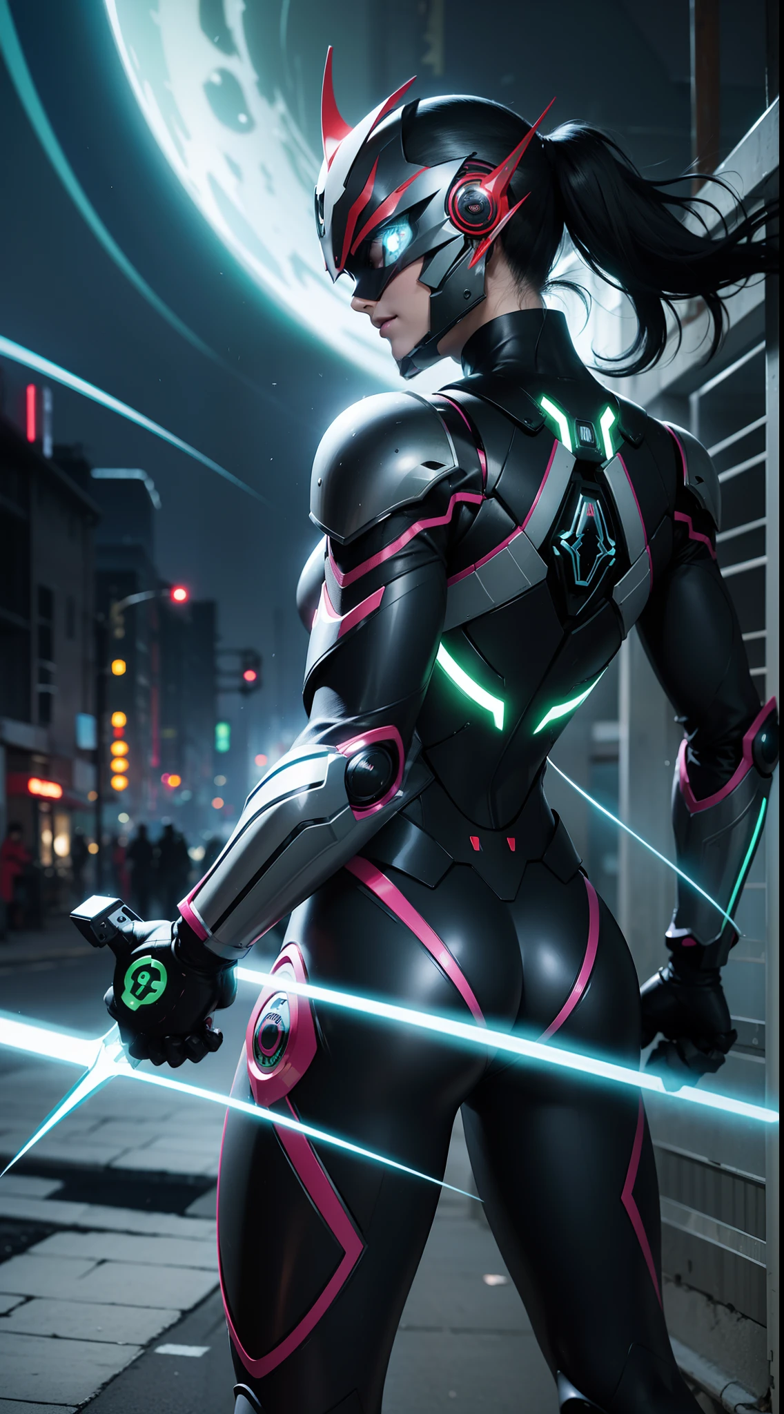 8K，Crisp contours、Clear solid line、Ninja、Electromechanical、silhuette、cyberpunked、A logo、mechanic、heroic、traffic jam、knifes、Vivid Color、Back alley、Luminous Eyes、Flying shurikens、Acrobatic poses、One Ninja、Aura of green flame、A Japanese style、TOKYOcty、Neon Street、masks、Luminous Eyes、Activate the jutsu、The afterimage of movement is expressed in neon colors.、Crazy smiling ninja、Kamen Rider、Heisei Rider、Heisei Kamen Rider、Reiwa Rider、Reiwa Kamen Rider、ironman、ULTRAMAN,battle suits、Mechanical armor、glossmetallic luster、Body that glows in vivid color、Vivid color aura、Full-face helmet、Eyes that glowed white、muffler、Muffler fluttering in the vivid color wind、android、