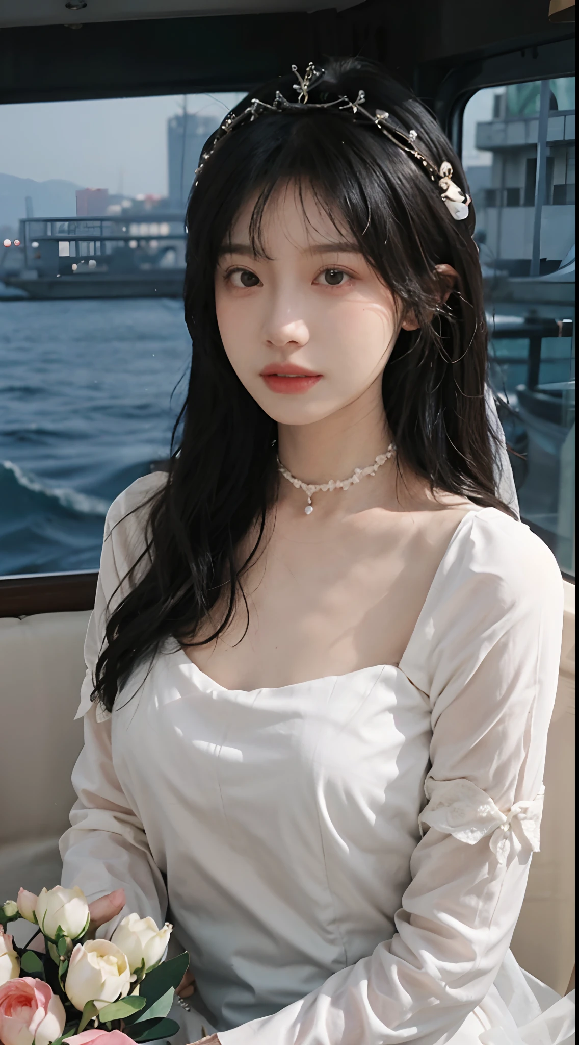 best qualtiy,tmasterpiece,超高分辨率,(realisticlying:1.4),2girls,Large wavy curls,diadems,二重まぶた,A pair of peach blossom eyes,Snow white wedding dress,Pure,choker necklace,adolable,Snow-white translucent skin,head straight-looking at viewer,On the yacht,Full of atmosphere,hair pin:1.4,(The upper part of the body:1.4),