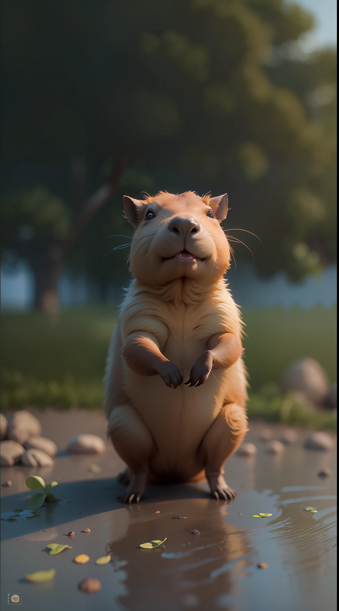a cute capybara, asking for something, highly detailed, beautiful landscape background, octane render, 8k
