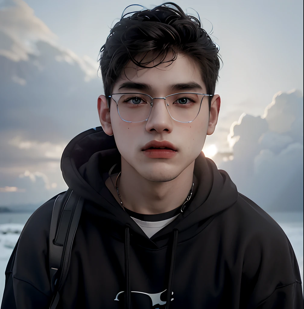 (masterpiece:1.2), (best quality:1.2), hyper realistic,highestres,absurdres,extremely detailed,volumetic,dramatic lighting,(frontal view),
20 year old boy,face,detailed eyes, white hoodie, black t-shirt, with background ((sky))