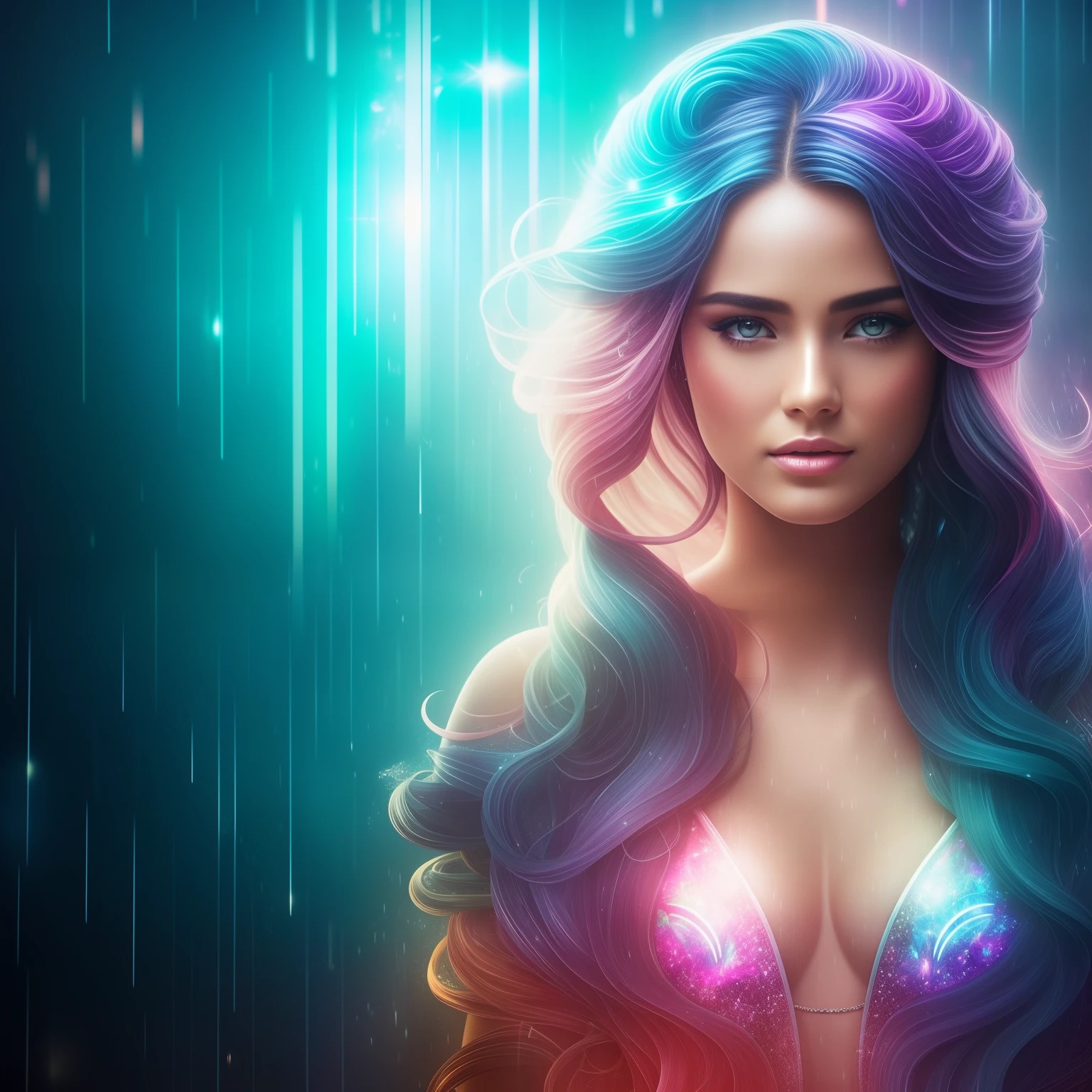 In the enchanting embrace of a futuristic cyberpunk city, where mist and rain intermingle under the glow of neon lights, a vision of elegance unfolds. Amidst this atmospheric marvel stands an exquisite woman whose presence defies the boundaries between reality and allure.
Her hair, a cascade of lustrous waves resembling liquid stardust, appears to capture the very essence of the rain that graces her surroundings. With a gaze as intricate as the cosmos itself, her eyes beckon with a magnetic pull, promising a journey through galaxies of emotion and intrigue.
Adorned in a tantalizing ensemble, she wears a t-shirt and tiny shorts that effortlessly blend sensuality with a sense of empowerment. The fabric, kissed by the rain, clings softly to her form, tracing the lines of her body with an artist's touch. A tantalizing thigh gap, celebrated not for objectification but for its embodiment of self-assured confidence, adds a nuanced layer to her portrayal.
Beneath the ephemeral veil of mist and rain, the cityscape emerges like an abstract dreamscape, a realm where technology and nature engage in a dance of contrasts. The interplay of light and shadow takes on new meaning, as backlighting and bloom conspire to create an ethereal aura around her. The subtle sparkle of light refracted by raindrops, akin to stardust, adds a touch of enchantment to the scene.
The meticulous use of chromatic aberration creates an almost surreal vibrancy, a brushstroke that blurs the lines between the tangible and the fantastical. And yet, within this vivid tapestry, her sharp focus remains unwavering, a testament to the strength and resilience she embodies.
This is no mere photograph; it is a masterful creation rendered in the highest quality. A photorealistic marvel captured in mesmerizing 8K HDR, it weaves together every minute detail—the soft mist, the gleam of rain-kissed skin, the vibrant cityscape—into a symphony of sensory delight.