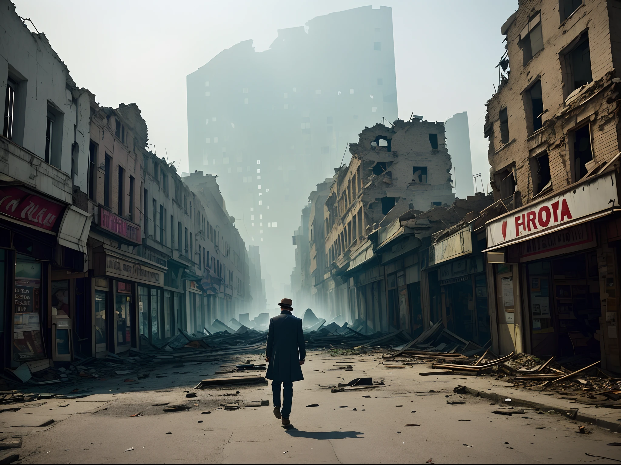 A bustling city,Abandoned shops,Hung with mutilated shop signs,Broken roof,Rubble-strewn streets,There are broken machine parts on the ground,(A decadent man walks through the ruins alone),com cores neutras,cinema shot,Haze background
