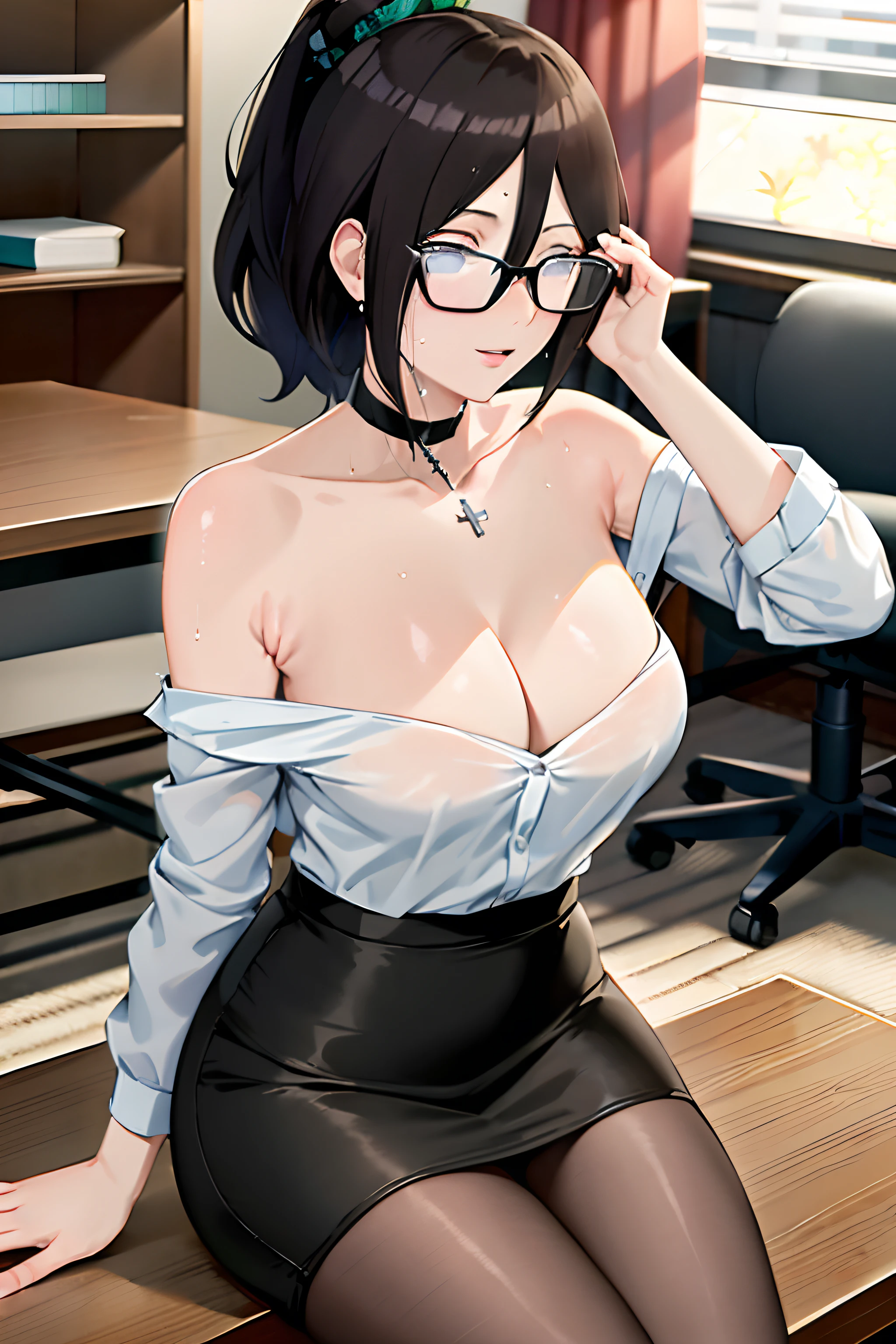 tmasterpiece, hoang lap , (intricately details), (rich colourful), 电影灯光, bust, the Extremely Detailed CG Unity 8K Wallpapers, tmasterpiece, hoang lap, Hinata flower ratio, 1girll, 独奏, choker necklace , Cross ed leg, sitted, pony tails, office lady,big cleavage breasts,white shirt,cropped shoulders,nabel,choker necklace,lacepantyhose,black-frame glasses,adjusting eyewear,鎖骨,Blushlush,pencil skirts,Study desk,sweat leggs,rays of sunshine,