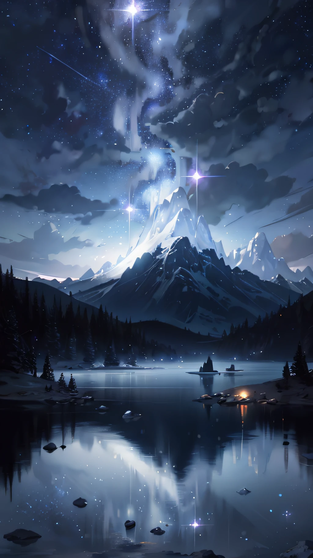 Starry Sky with Mountains and Lake, Jessica Rossier, Inspired by Jessica Rossier, Jessica Rossier Fantasy Art, Concept Art Magic Highlights, Official Artwork, Dream Painting, Ethereal Realm, Atmospheric artwork, dreamy matte paintings, serene endless stars inspired by Ted Nasmith, moonlit starry environments, epic music album covers.