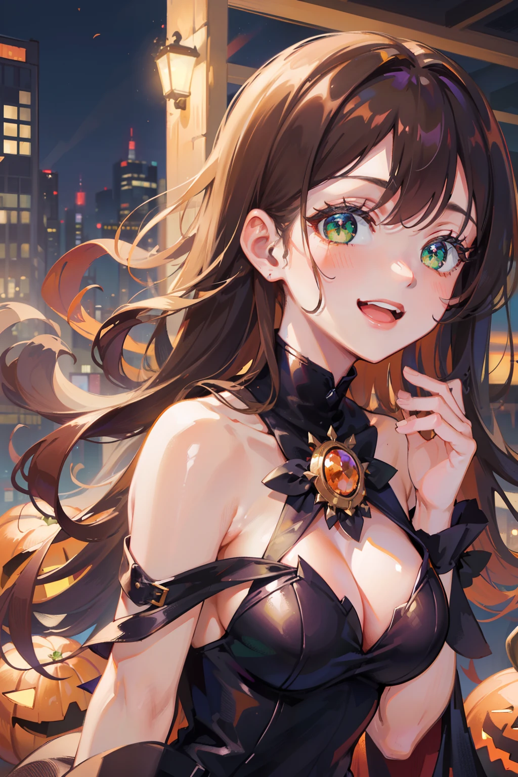 (masterpiece), (best quality), ultra high res, sharp focus, ((1 woman, solo)), (warm orange pastel color), upper body, medium long shot, MLS, in the crowds of city, autumn season, halloween season , (at the beautiful night time:1.2), beautiful detailed hair, chesnut brown hair, long hair tumbles down, ((beautiful shape eyes, green eyes)), beautiful detailed face, perfect feminine face, smiles happily, look at the viewer, halloween costume, bare shoulders
