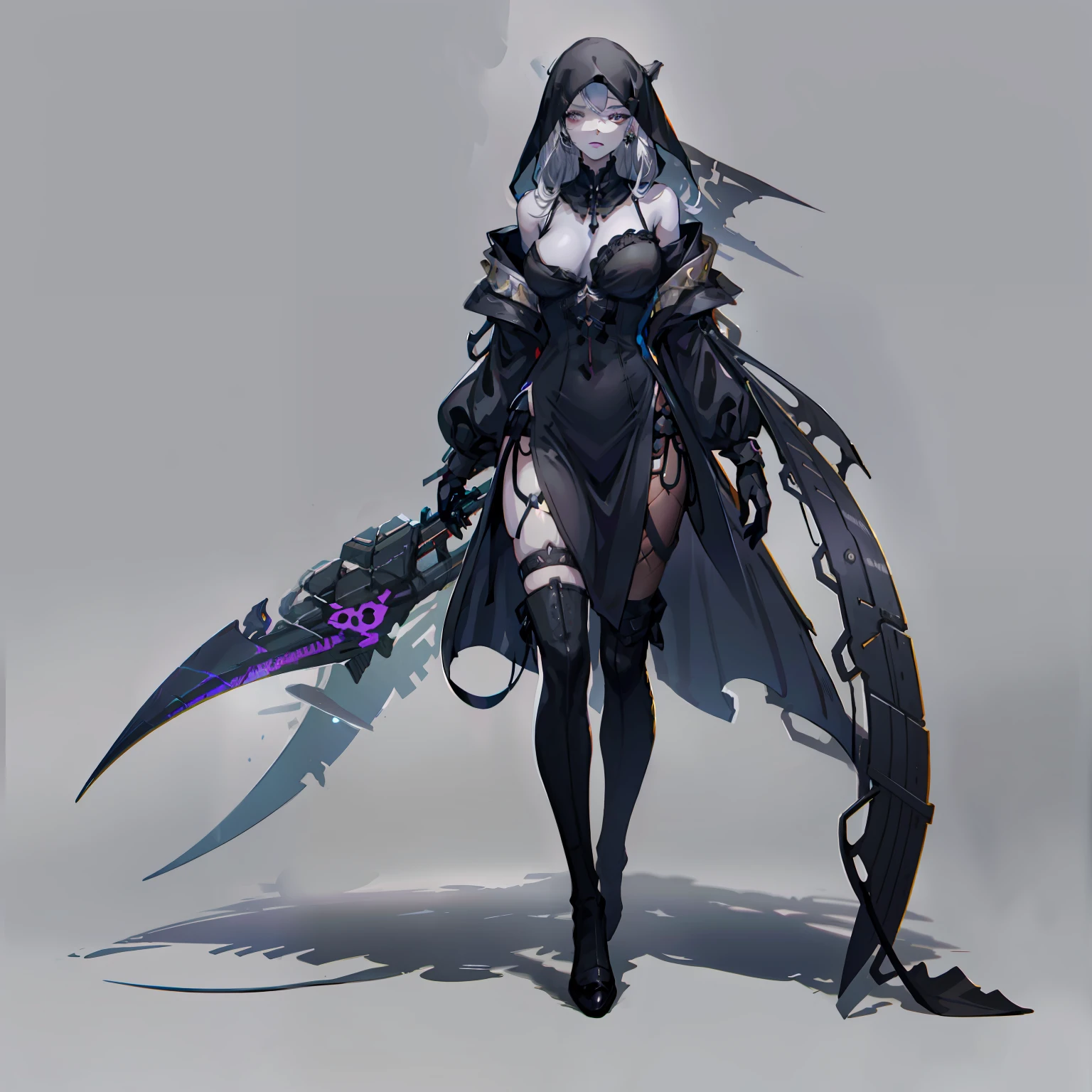 belladonna, Female, Full body shot, No background, White background, skeletal, Full Black Body, Full black skin tone, White hair, Grim Reaper, no backgorund, white backgorund,