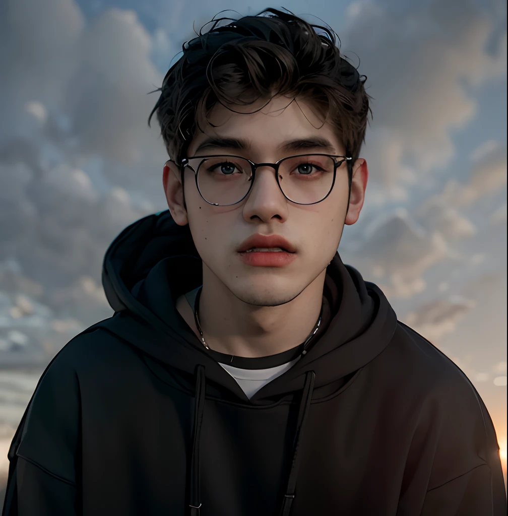 (masterpiece:1.2), (best quality:1.2), hyper realistic,highestres,absurdres,extremely detailed,volumetic,dramatic lighting,(frontal view),
20 year old boy,face,detailed eyes, flat black hoodie, black t-shirt, with background ((sky))