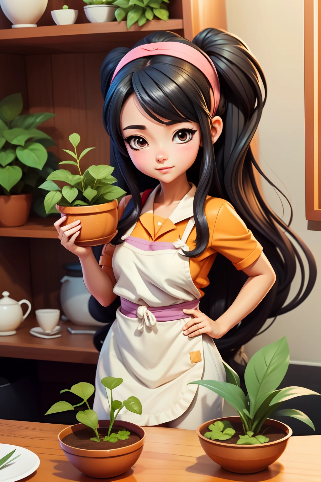 Anime girl in apron standing at table holding plants, iwakura lain, hyuga hyuga, Misato Katsuragi, anya from spy x family, Shinkai sincerely, mayuri shiina from steins gate, honest, close up iwakura lain, illustrious makinami, Also, lain iwakura