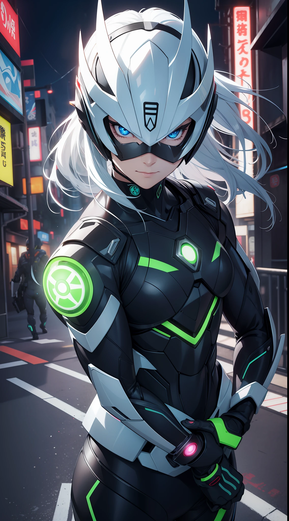 8K，Crisp contours、Clear solid line、Ninja、Electromechanical、silhuette、cyberpunked、A logo、mechanic、heroic、traffic jam、knifes、Vivid Color、Back alley、Luminous Eyes、Flying shurikens、Acrobatic poses、One Ninja、Aura of green flame、A Japanese style、TOKYOcty、Neon Street、masks、Luminous Eyes、Activate the jutsu、The afterimage of movement is expressed in neon colors.、Crazy smiling ninja、Kamen Rider、Heisei Rider、Heisei Kamen Rider、Reiwa Rider、Reiwa Kamen Rider、ironman、ULTRAMAN,battle suits、Mechanical armor、glossmetallic luster、Body that glows in vivid color、Vivid color aura、Full-face helmet、Eyes that glowed white、muffler、Muffler fluttering in the vivid color wind、android、