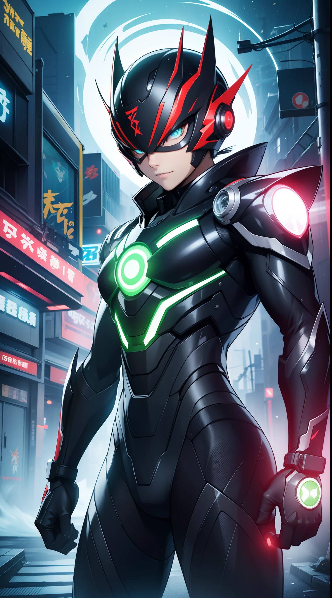 8K,Crisp contours、Clear solid line、Ninja、Electromechanical、silhuette、cyberpunked、A logo、mechanic、heroic、traffic jam、knifes、Vivid Color、Back alley、Luminous Eyes、Flying shurikens、Acrobatic poses、One Ninja、Aura of green flame、A Japanese style、TOKYOcty、Neon Street、masks、Luminous Eyes、Activate the jutsu、The afterimage of movement is expressed in neon colors.、Crazy smiling ninja、Kamen Rider、Heisei Rider、Heisei Kamen Rider、Reiwa Rider、Reiwa Kamen Rider、ironman、ULTRAMAN,battle suits、Mechanical armor、glossmetallic luster、Body that glows in vivid color、Vivid color aura、Full-face helmet、Eyes that glowed white、muffler、Muffler fluttering in the vivid color wind、android、