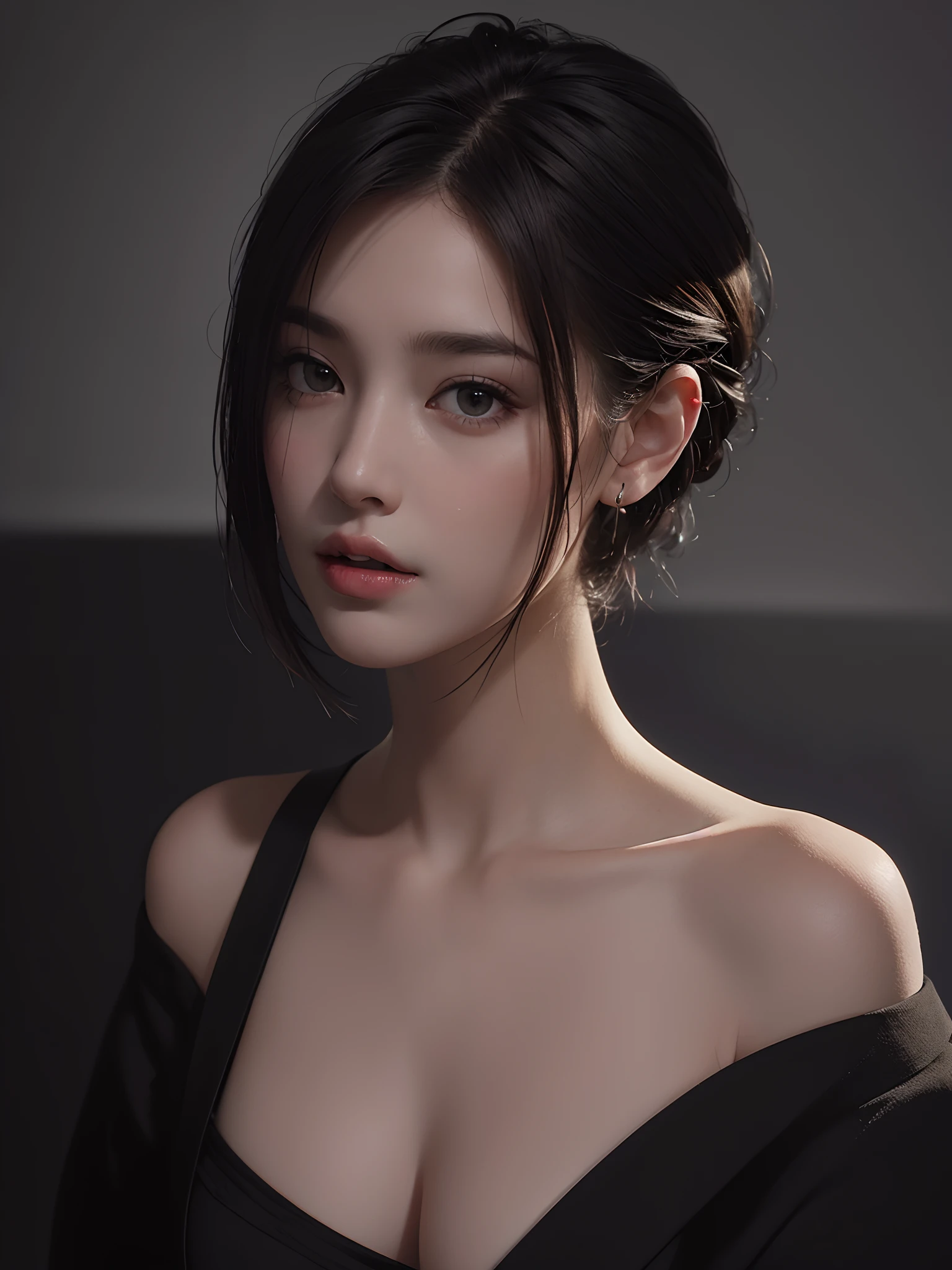 Best quality, masterpiece, ultra high res, (photorealistic:1.5), raw photo, 1girl, offshoulder, in the dark, deep shadow, low key, cold light, sexy look, short hair