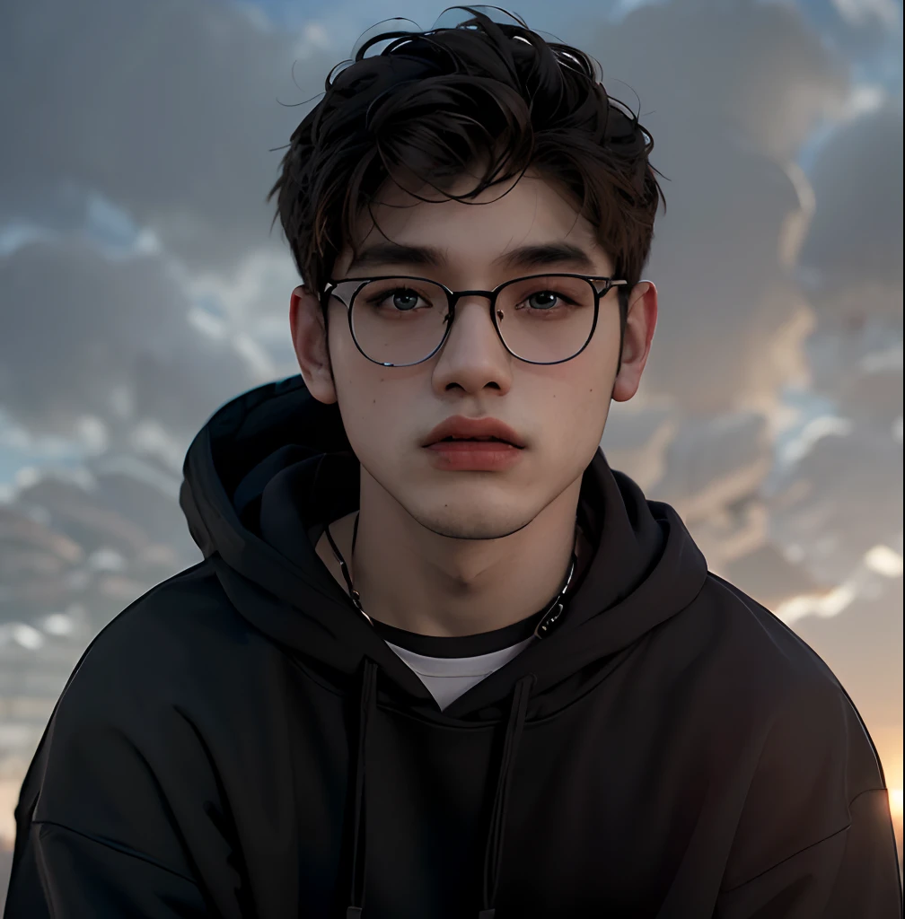 (masterpiece:1.2), (best quality:1.2), hyper realistic,highestres,absurdres,extremely detailed,volumetic,dramatic lighting,(frontal view),
20 year old boy,face,detailed eyes, flat black hoodie, black t-shirt, with background ((sky))