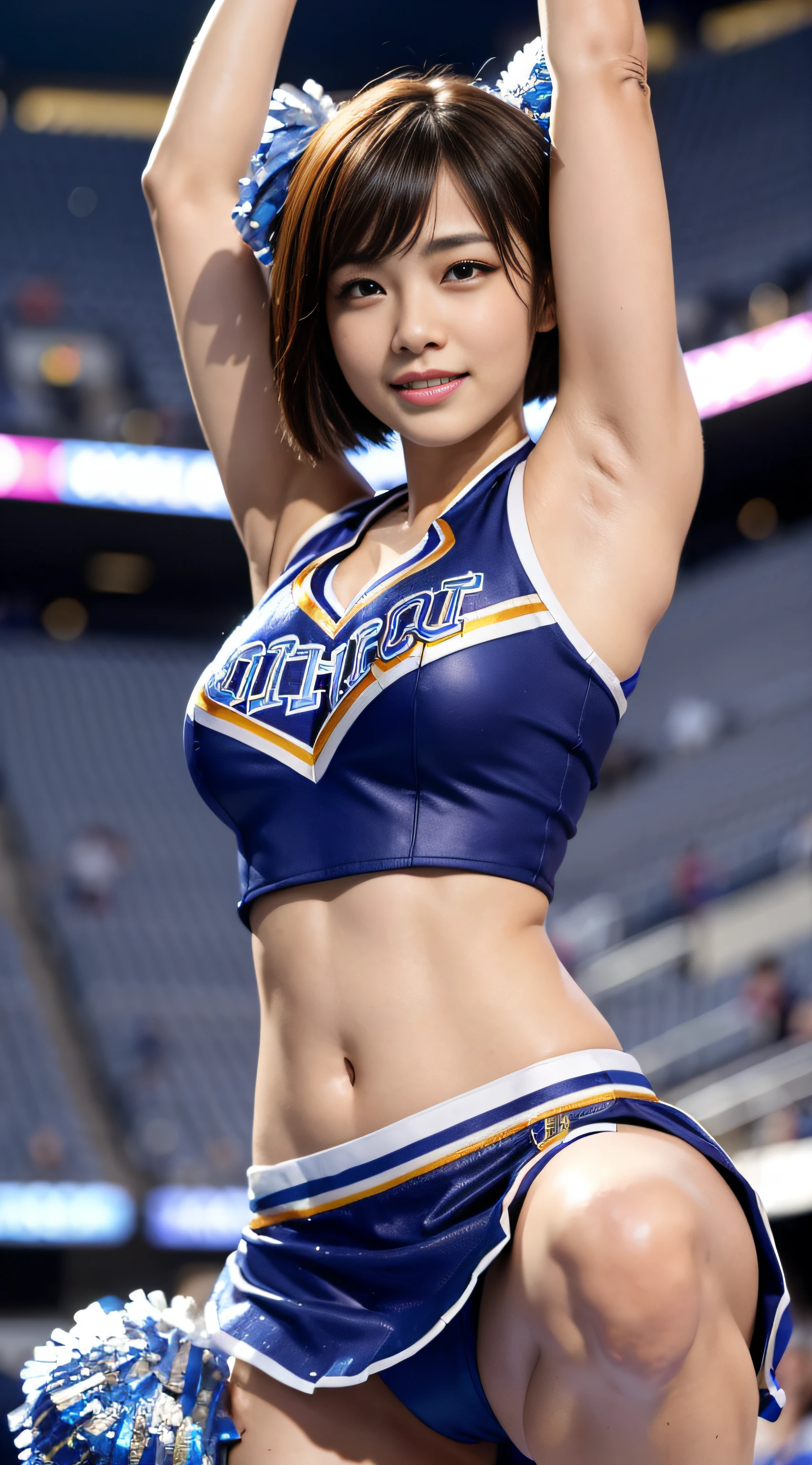 ((top-quality、8k、photographrealistic:1.4、​masterpiece))、Back lighting、highly detailed facial textures women、18year old、(((Bull Cheerleader:1.2)))、((Stadium Background:1.2))、with arms up、（Big and round breasts、Sheer nipples）,super-detaild skin、beautiful make up、A detailed eye、a smile、open open mouth、Glossy brown messy short hairstyle、Squatting Pose