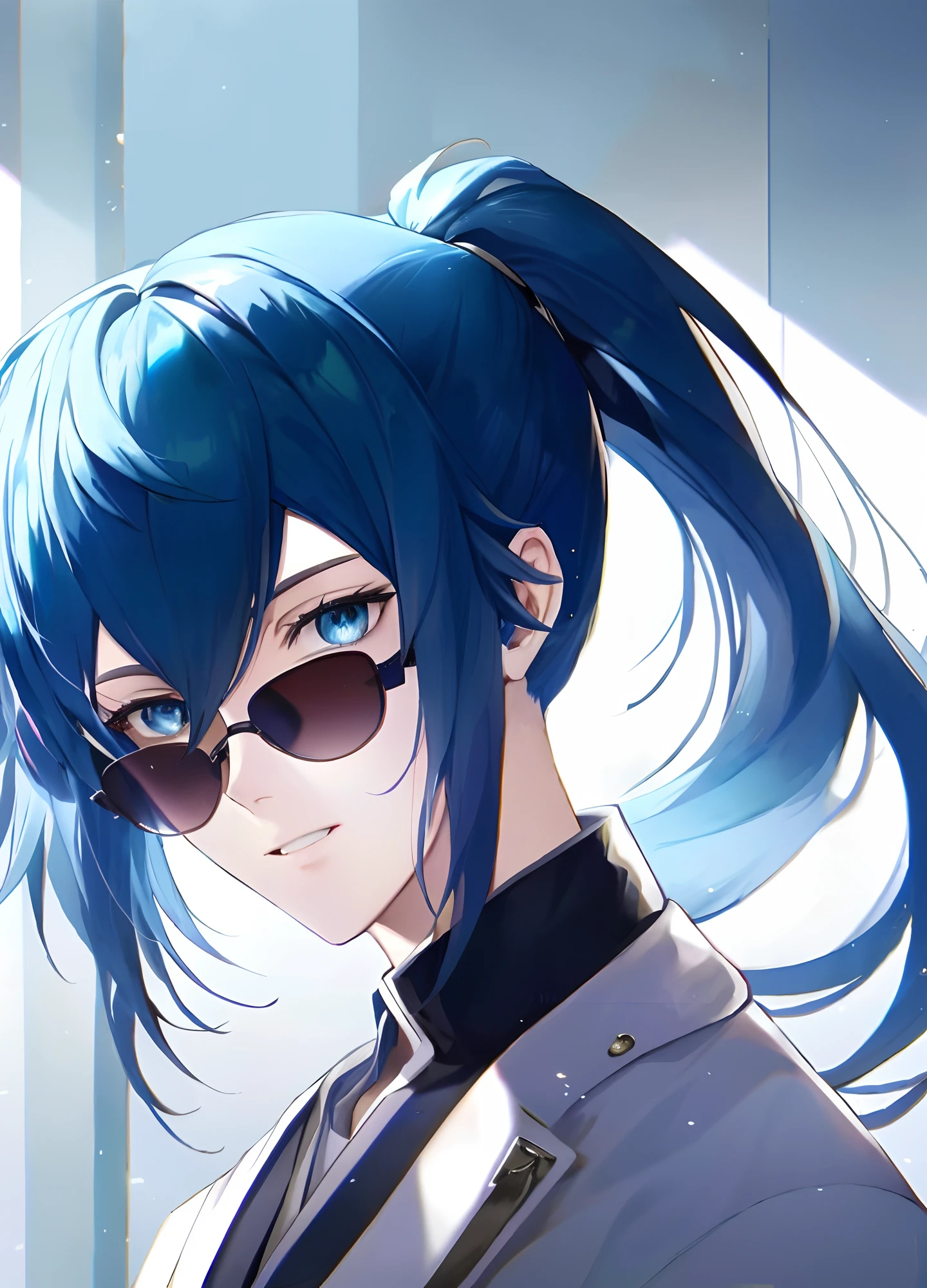 Anime - style image of a man with blue high ponytail hair and sunglasses, style of anime4 K, 2 d anime style, Best anime 4k konachan wallpaper, 2d anime, Portrait anime space cadet boy, Boy with blue hair,  anime moe art style, High Quality Anime Art Style,
