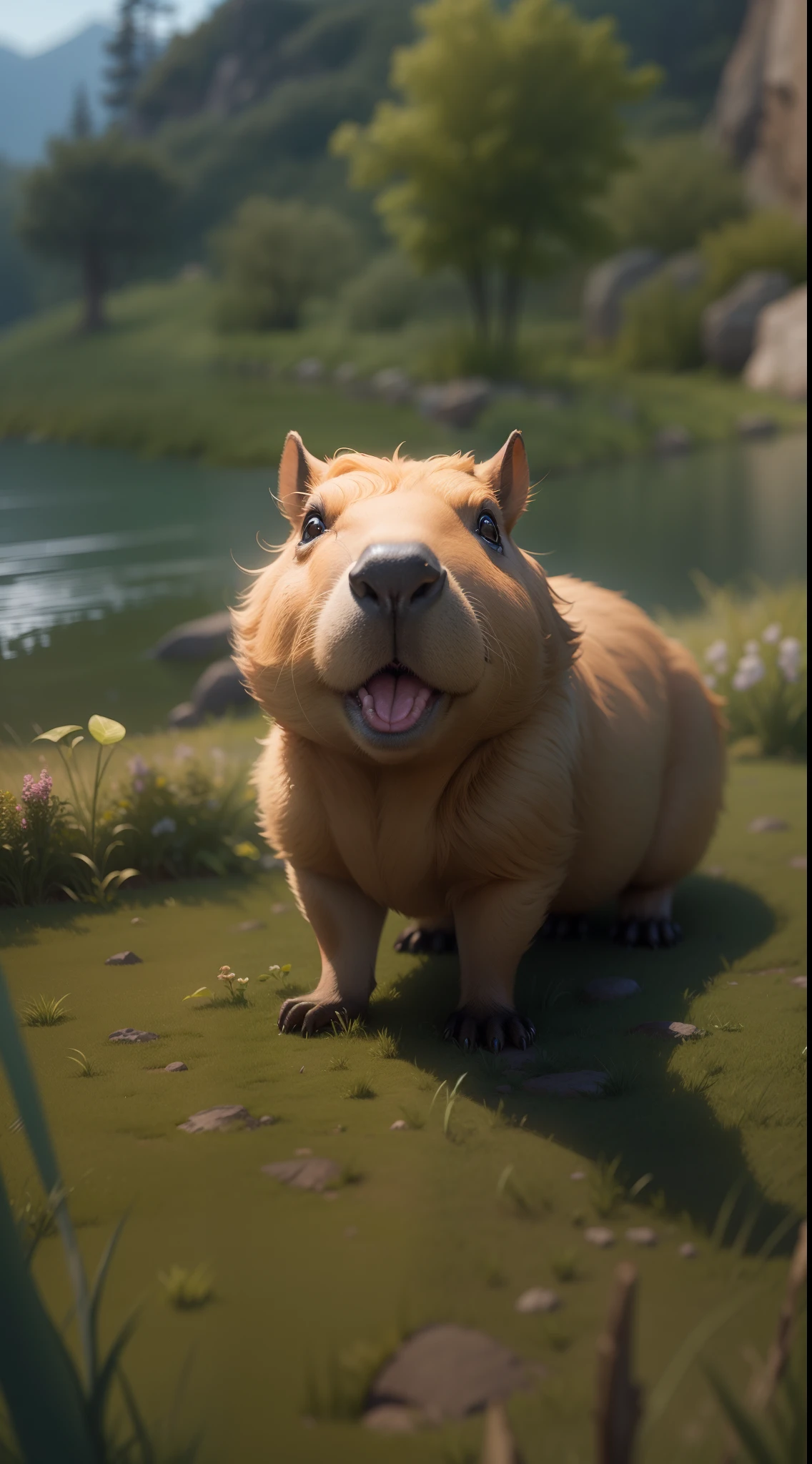 a cute capybara, asking for something, highly detailed, beautiful landscape background, octane render, 8k