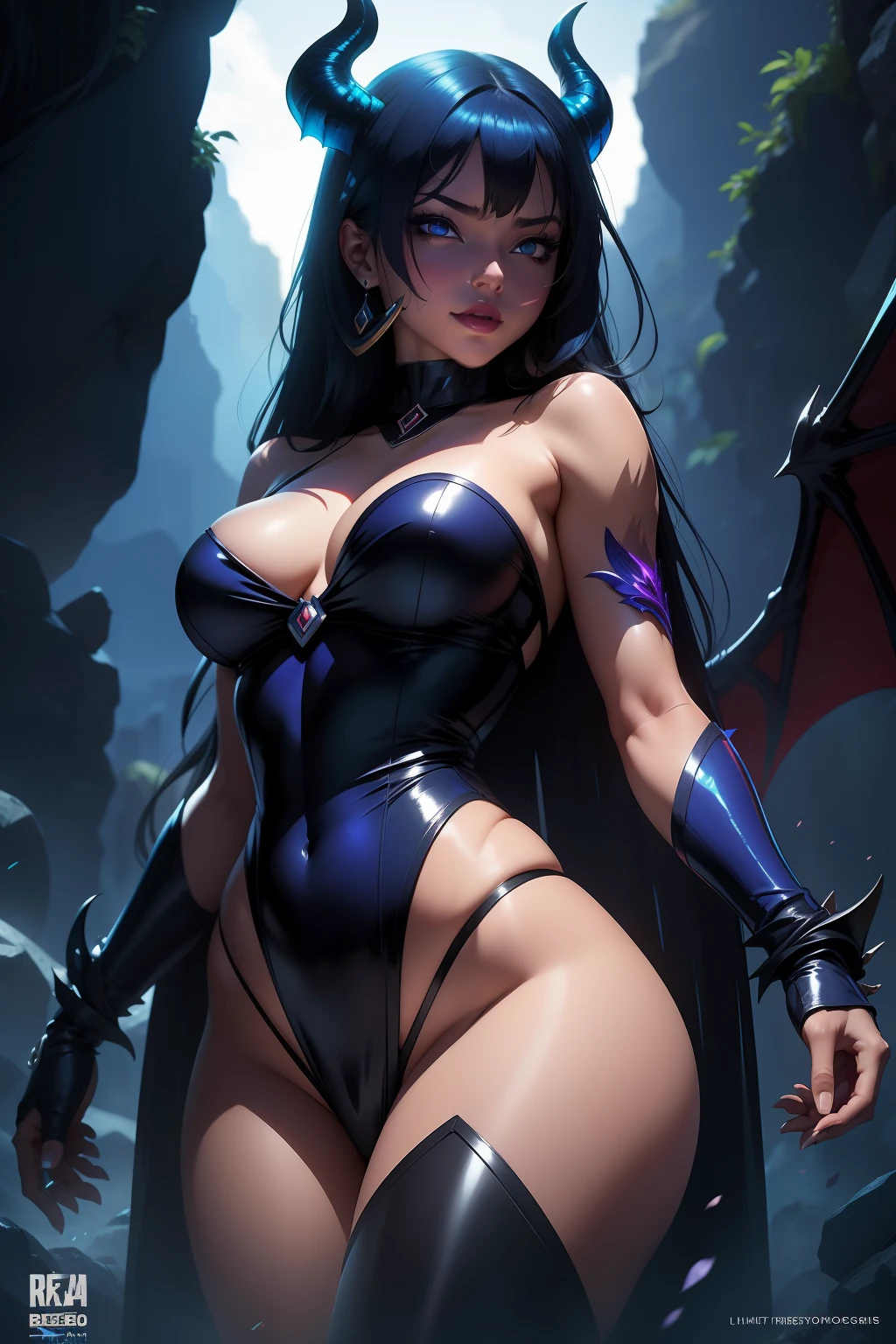 1girl, demoniaca, pele azul, esclera preta, chifres, asas, esclera colorida, pele colorida, Olhos vermelhos, olhos brilhantes, demonic wings, demonic horns, alunos cortados, sorriso maligno, olhos loucos, SheikZ, WMASK, seios grandes, dedo de camelo, Ecchi hentai, manga cover, realistic manga cover, grande kanji ousado, Sexy Pelé Blue Demon Succubus, professional-quality vector graphics, Renderizar octanagem, volumetric lighting ray tracing vaporwave aesthetics hyperrealism photorealistic trend in anime realism Pixiv, Perfect Lighting Perfect Body Perfect Face Perfect Hands Perfect Fingers Perfect Breasts Perfect Shape Thick Thighs Waist Small Super Thick and Curvy Demongirl, Design inovador, Fantasy manga cover on the rise, Capa de light novel Overlord