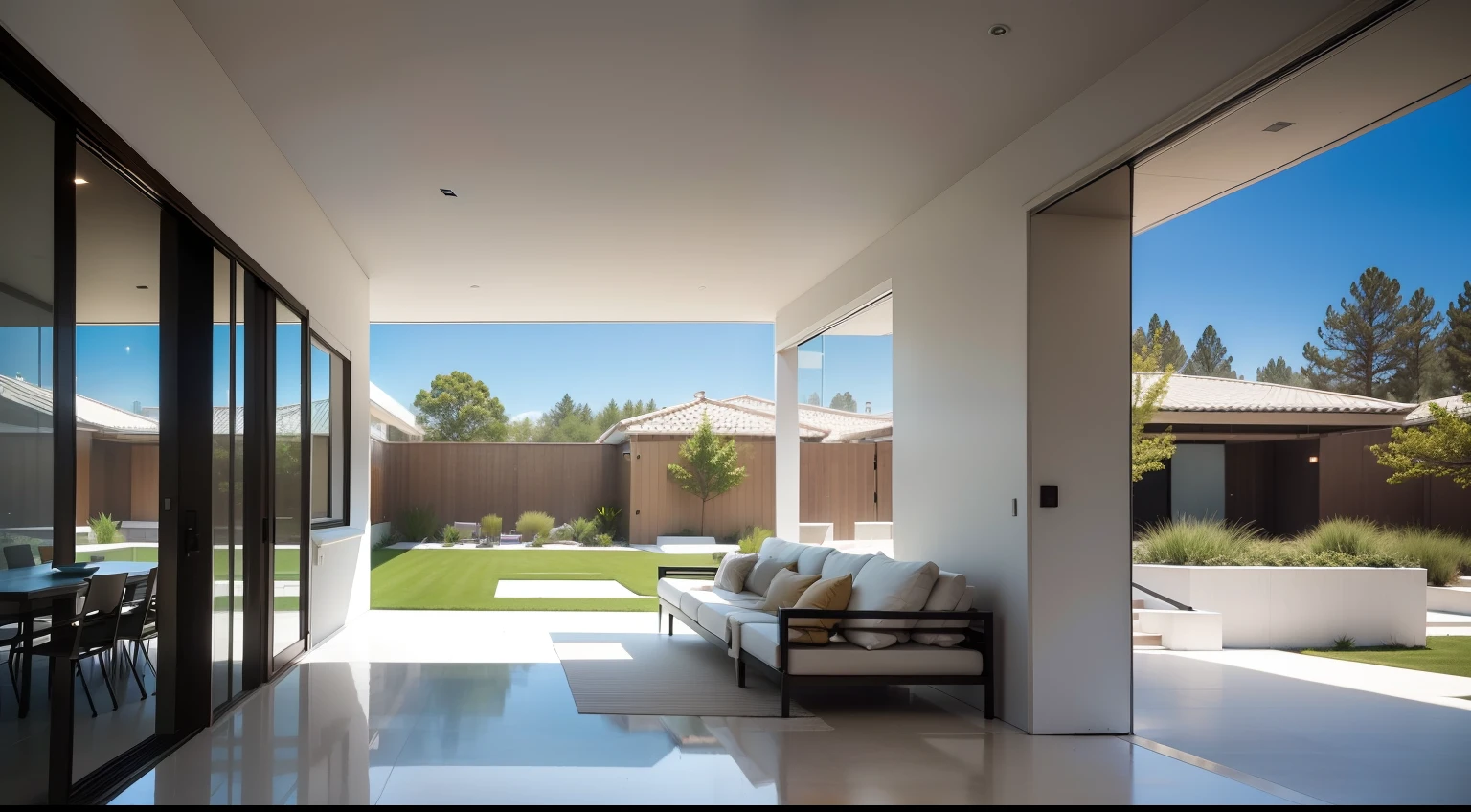 exemplifies the seamless integration of a modern white interior with the breathtaking backyard scenery. Emphasize the interplay of natural light, open spaces, and minimalist decor that accentuate the connection with the outdoor environment.