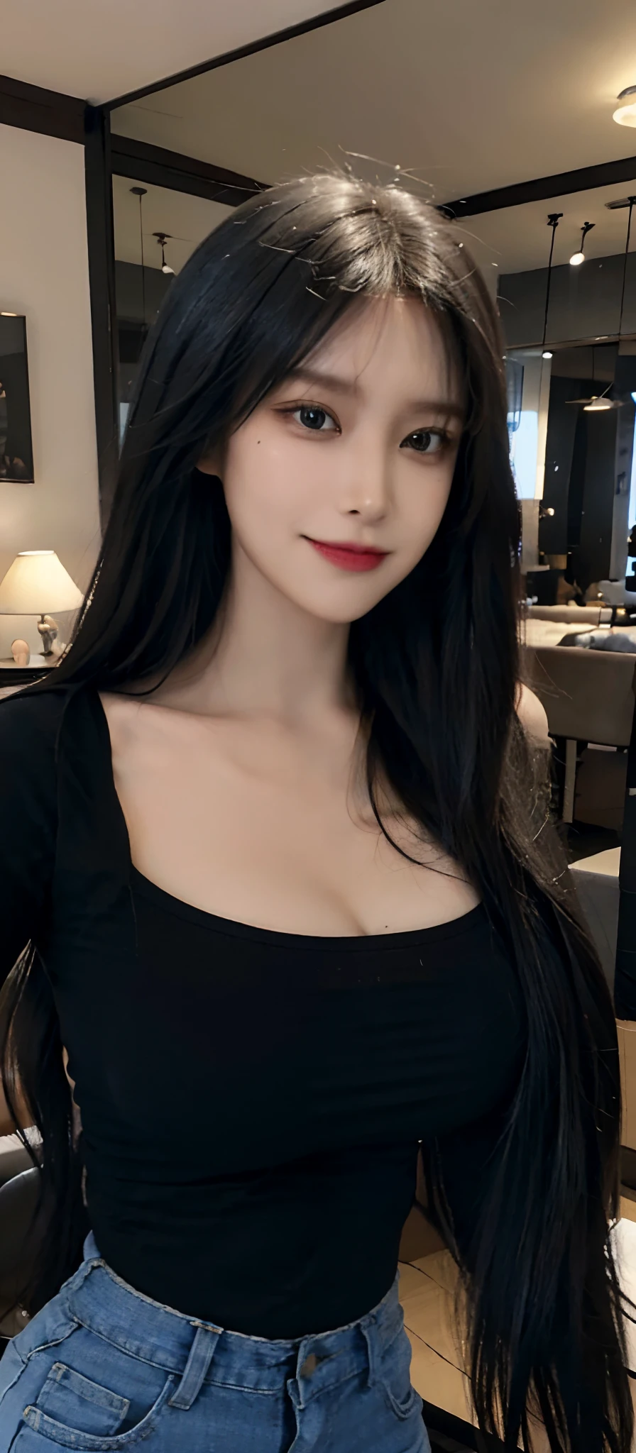 (realistic, high resolution:1.3), (upper body), 1 girl with perfect figure, super fine face and eyes, black hair, long hair, tight t-shirt, skinny jeans, inside house, (big breasts), cleavage, slightly smile