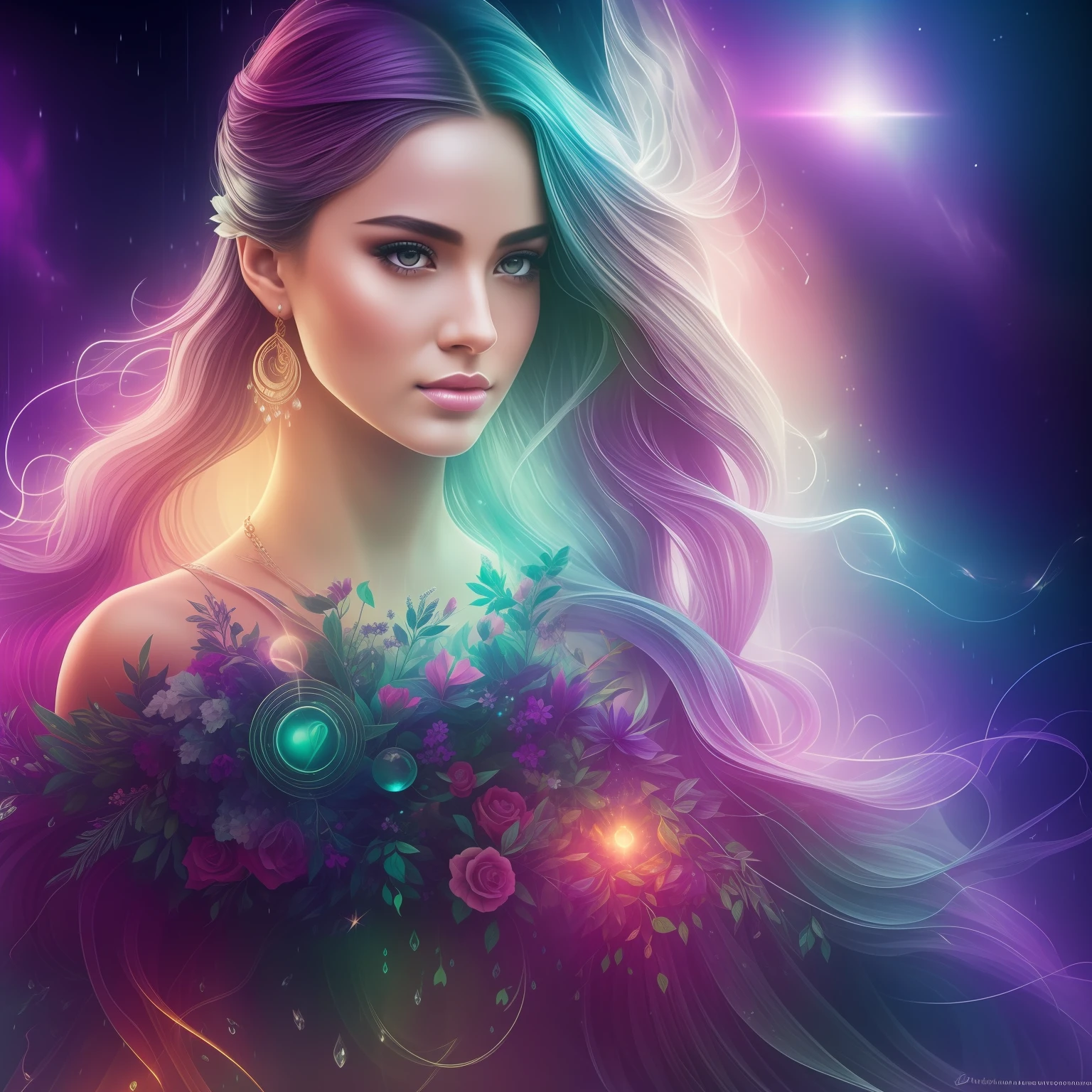 In the enchanting embrace of a futuristic cyberpunk city, where mist and rain intermingle under the glow of neon lights, a vision of elegance unfolds. Amidst this atmospheric marvel stands an exquisite woman whose presence defies the boundaries between reality and allure.
Her hair, a cascade of lustrous waves resembling liquid stardust, appears to capture the very essence of the rain that graces her surroundings. With a gaze as intricate as the cosmos itself, her eyes beckon with a magnetic pull, promising a journey through galaxies of emotion and intrigue.
Adorned in a tantalizing ensemble, she wears a t-shirt and tiny shorts that effortlessly blend sensuality with a sense of empowerment. The fabric, kissed by the rain, clings softly to her form, tracing the lines of her body with an artist's touch. A tantalizing thigh gap, celebrated not for objectification but for its embodiment of self-assured confidence, adds a nuanced layer to her portrayal.
Beneath the ephemeral veil of mist and rain, the cityscape emerges like an abstract dreamscape, a realm where technology and nature engage in a dance of contrasts. The interplay of light and shadow takes on new meaning, as backlighting and bloom conspire to create an ethereal aura around her. The subtle sparkle of light refracted by raindrops, akin to stardust, adds a touch of enchantment to the scene.
The meticulous use of chromatic aberration creates an almost surreal vibrancy, a brushstroke that blurs the lines between the tangible and the fantastical. And yet, within this vivid tapestry, her sharp focus remains unwavering, a testament to the strength and resilience she embodies.
This is no mere photograph; it is a masterful creation rendered in the highest quality. A photorealistic marvel captured in mesmerizing 8K HDR, it weaves together every minute detail—the soft mist, the gleam of rain-kissed skin, the vibrant cityscape—into a symphony of sensory delight.