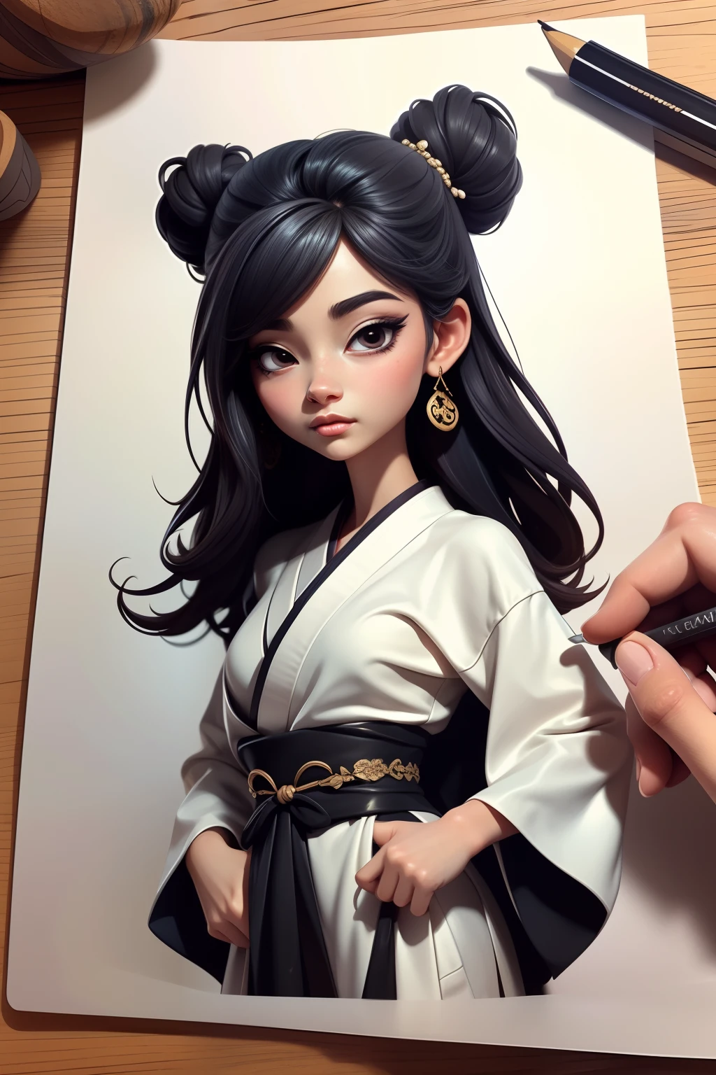 （Manhwa Style），（line art in colour：1.5），（1girll：1.3），（（black andwhite）），Hanfu，geisha，（（Zen Buddhism）），（tmasterpiece，top-quality，best qualtiy），Extremely detailed background，Good composition，Good anatomy，perfect litthing，Good shadows，Zen calligraphy，（Realistis：1.3）