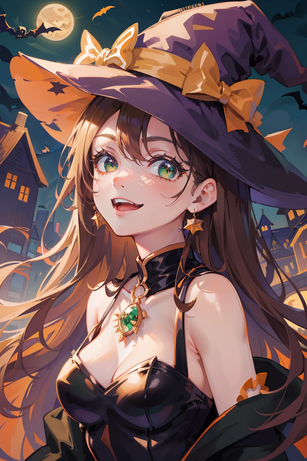(masterpiece), (best quality), ultra high res, sharp focus, ((1 woman, solo)), (warm orange pastel color), upper body, medium long shot, MLS, in the crowds of city, autumn season, halloween season , (at the beautiful night time:1.2), beautiful detailed hair, chesnut brown hair, long hair tumbles down, ((beautiful shape eyes, green eyes)), beautiful detailed face, perfect feminine face, smiles happily, look at the viewer, (halloween witch costume:1.2), bare shoulders