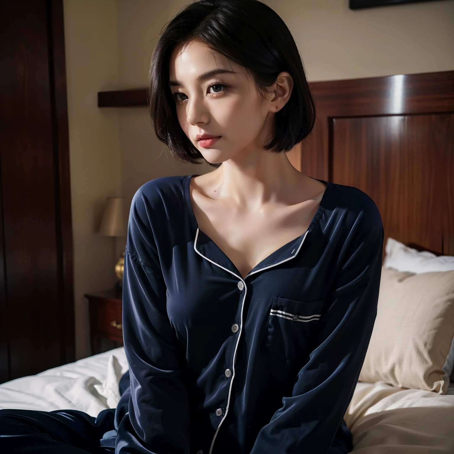 top-quality, masterpiece, 超A high resolution, 8K, Unripe, (photographrealistic:1.4), rendered, depth of fields, Look at viewers, A slender, In a luxurious hospital room, detailed beautiful faces, 1 rapariga, cute little, 年轻,, Large black eyes, Black Hair Bob,Pajama luxury, (s Pajamas:1.3),s Pajamas,high-class sense,1 Patrol of female doctors in navy blue life vests,
