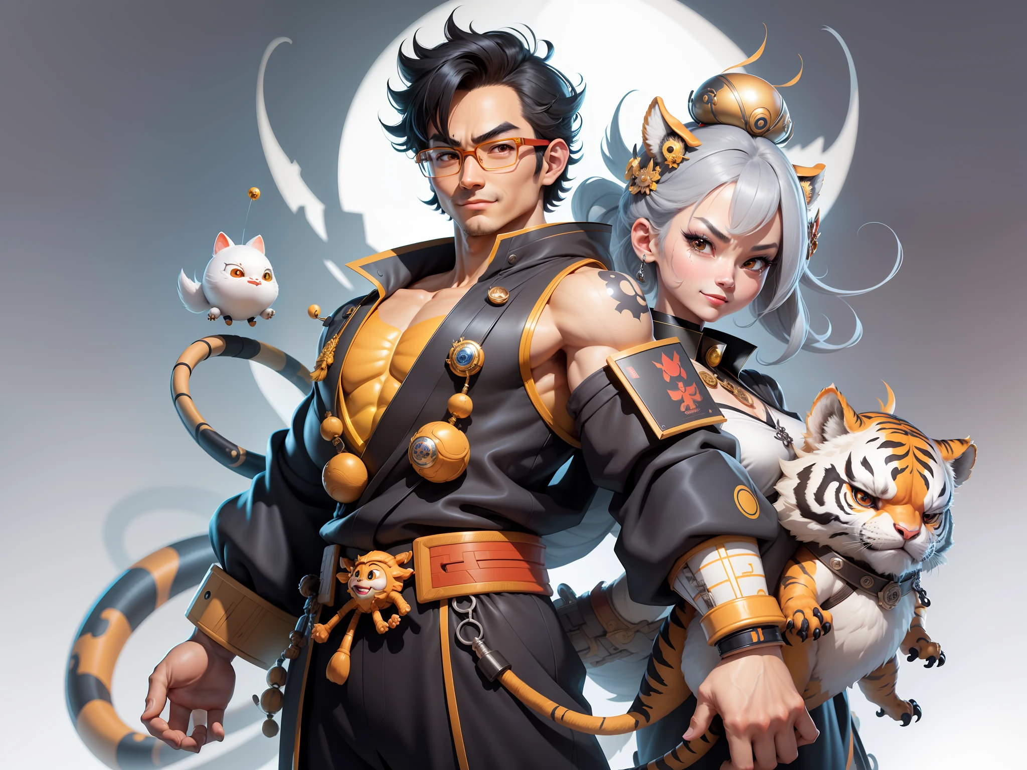 (Masterpiece), (Excellent), (Super Meticulous), (Full Body: 1.2), Super Young Man with Japanese Female Geisha, Pretty, Beautiful, Chinese Dragon, Tiger, Wind God Thor, Sexy, Bursting, Oriental Face, TV Anchor, Bust Portrait Illustration, Black Suit, Blue Tie, Slightly Chubby Face, Silver Glasses, Very Clean Face, No Beard on Chin, Black Super Short Hair, Black Eyes, Confident Smile, 3c Computer Sub-Products, iPad, iPhone, Digital Painting, 3D character design by Mark Clairedon and Pixar and Hayao Miyazaki and Akira Toriyama, the illustrations are HD illustrations in 4K resolution with highly detailed facial features and cartoon-style visuals.