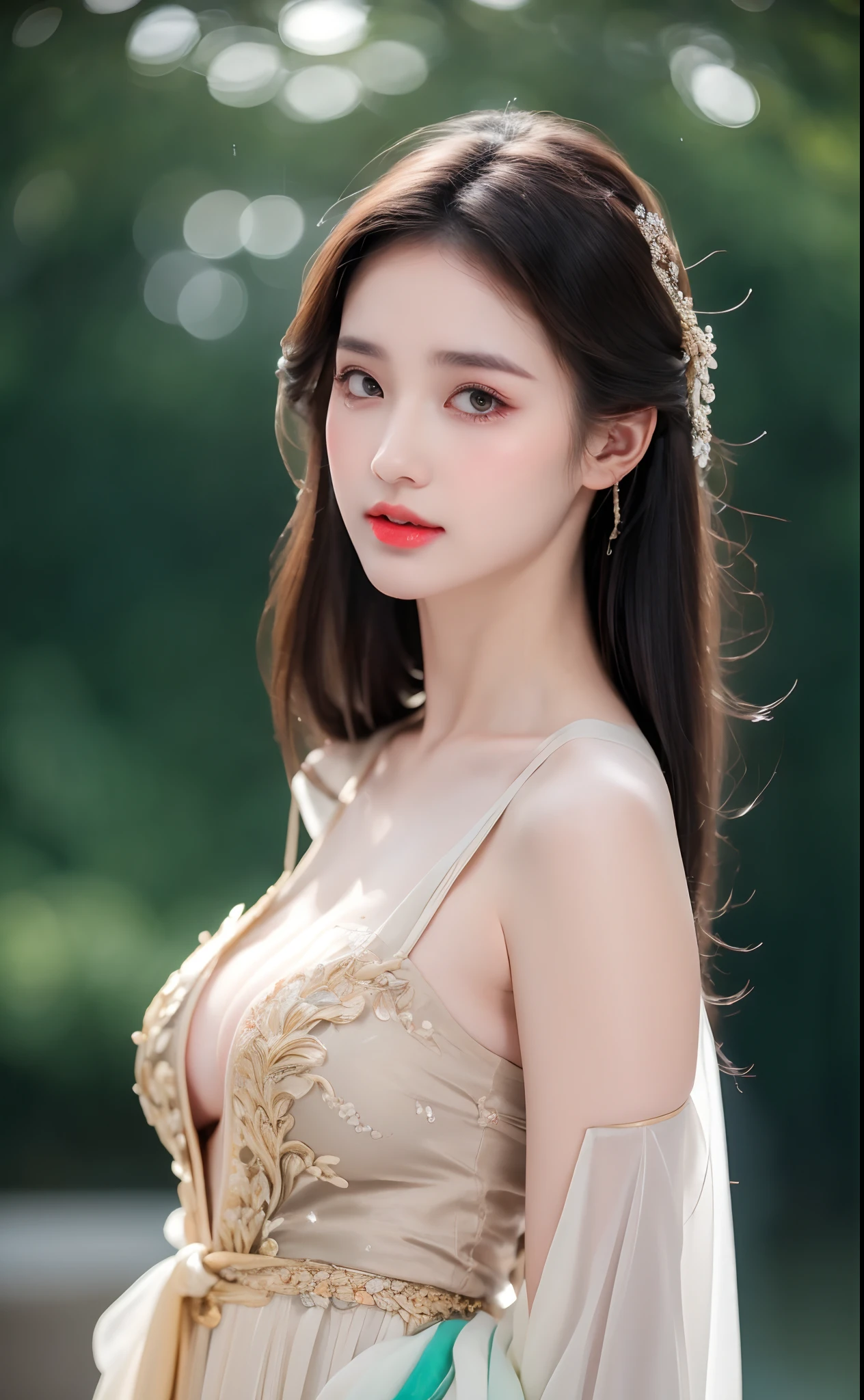 ((Best Quality, 8k, Masterpiece: 1.3)), Focus: 1.2, Perfect Body Beauty: 1.4, Buttocks: 1.2, ((Layered Haircut)), (Wet Clothes: 1.1), (Rain, Street:1.3), (Breasts: 1.2), (Hanfu: 1.2), Bare Shoulders, Bare Legs, Highly Detailed Face and Skin Texture, Fine Eyes, Double Eyelids, Whitened Skin, Long Hair, (Shut Up: 1.5), (Bokeh Background: 1.5), Big Breasts