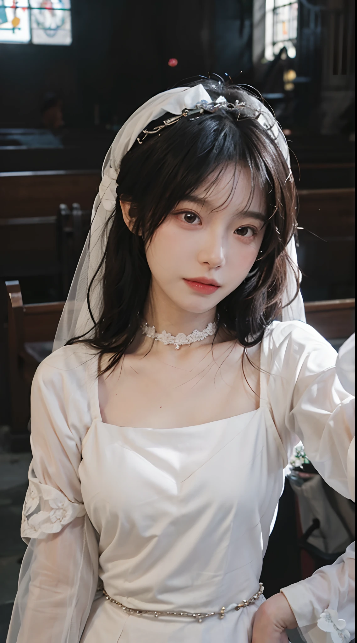 best qualtiy,tmasterpiece,超高分辨率,(realisticlying:1.4),2girls,Lovely wink,Large wavy curls,diadems,二重まぶた,A pair of peach blossom eyes,Snow white wedding dress,Pure,choker necklace,adolable,Snow-white translucent skin,head straight-looking at viewer,In the church,Full of atmosphere,hair pin:1.4,(The upper part of the body:1.4),