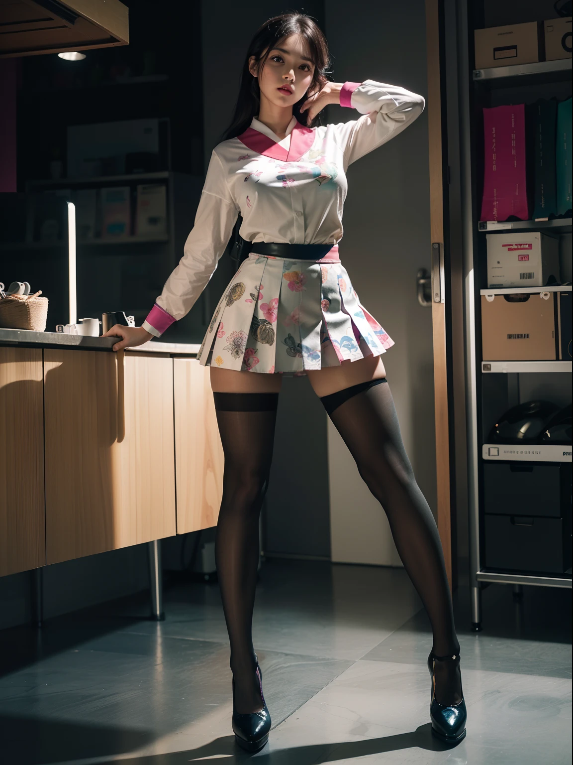 (full body:1.5),(1girl:1.3),(view the viewer:1.4),(anatomy correct:1.45),(A woman with large buttocks, breasts, and a slender waist:1.4),(eating ramen Noodles in the shop:1.35),(very thick printed pantyhose:1.4),( A woman Wear printed fantasy colorful JK student uniform pleated skirt and uniform pointed high-heeled leather shoes :1.35), (Light particle effect:1.3),(In pink | amarelo | blue colors| green color |red color | white colors| black in color| purplish color| greys| Beige| Flesh color 1.4),(Glowing eyes:1.3),(Large amplitude action: 1.3),(Accurate and perfect face:1.4),hyper HD, Ray traching, reflective light,structurally correct, Award-Awarded, high detail, lighten shade contrast, Face lighting,cinmatic lighting, tmasterpiece, super detailing, high quality, high detail, best quality, 16k,High contrast,