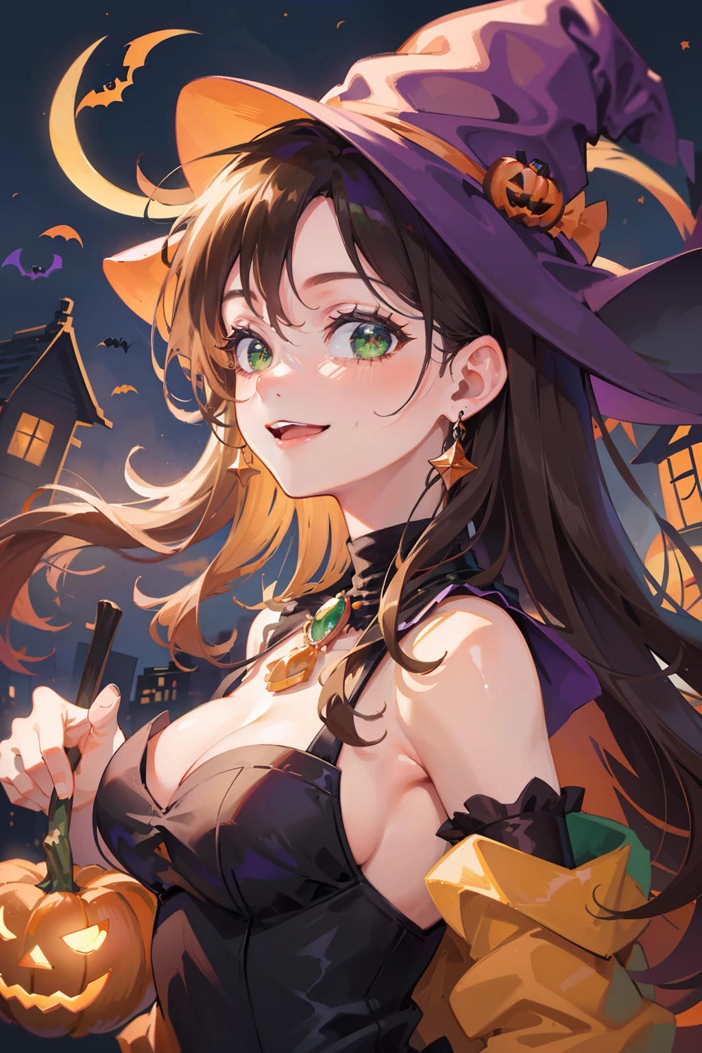 (masterpiece), (best quality), ultra high res, sharp focus, ((1 woman, solo)), (warm orange pastel color), upper body, medium long shot, MLS, in the crowds of city, autumn season, halloween season , (at the beautiful night time:1.2), beautiful detailed hair, chesnut brown hair, long hair tumbles down, ((beautiful shape eyes, green eyes)), beautiful detailed face, perfect feminine face, smiles happily, look at the viewer, (halloween witch costume:1.2), bare shoulders