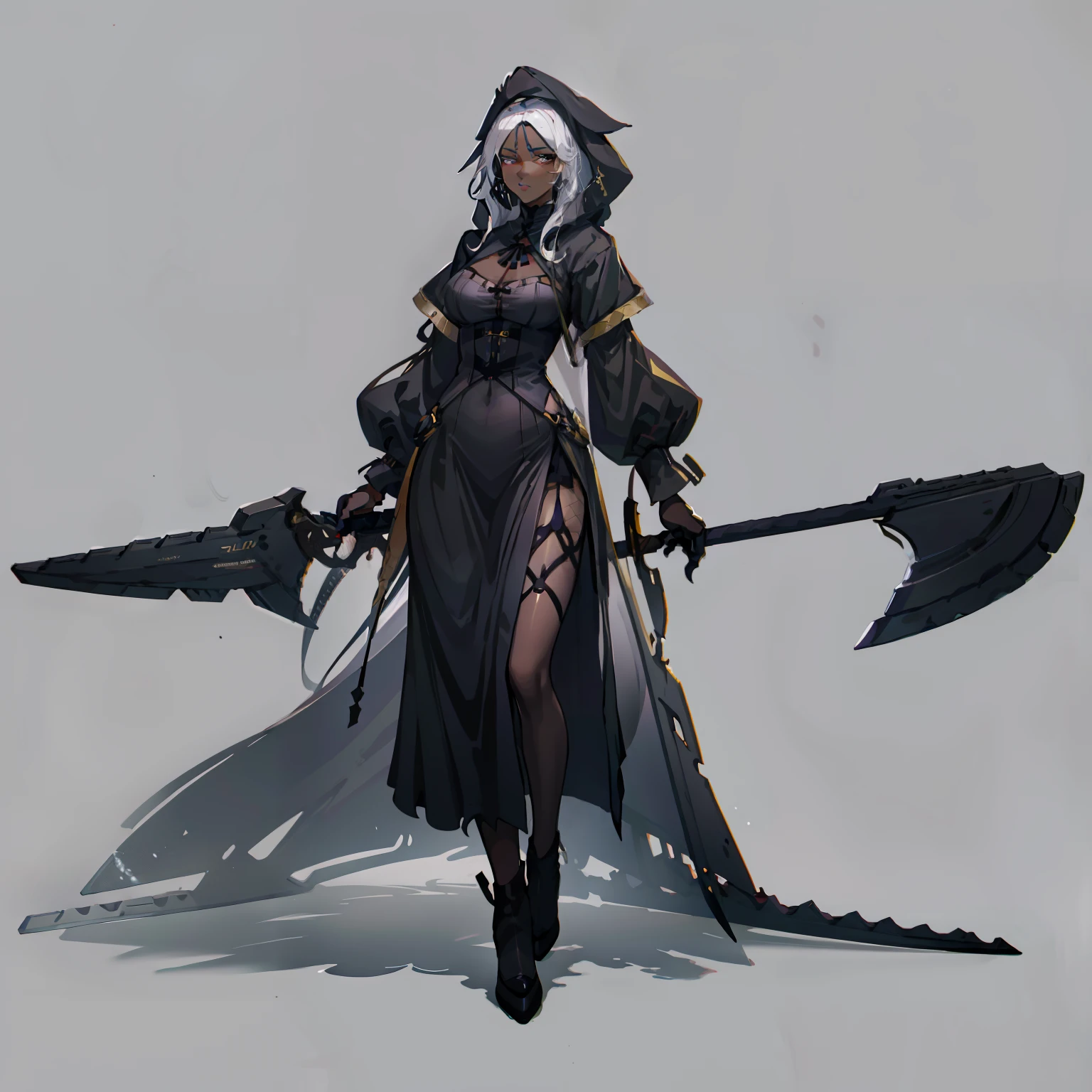 belladonna, Female, Full body shot, No background, White background, Full Black Body, Full black skin tone, White hair, Grim Reaper, no background, white backgrounid, scythe