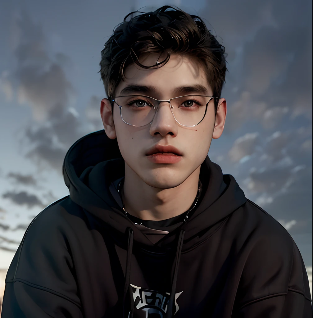 (masterpiece:1.2), (best quality:1.2), hyper realistic,highestres,absurdres,extremely detailed,volumetic,dramatic lighting,(frontal view),
20 year old boy,face,detailed eyes, black hoodie, black t-shirt, with background ((sky))