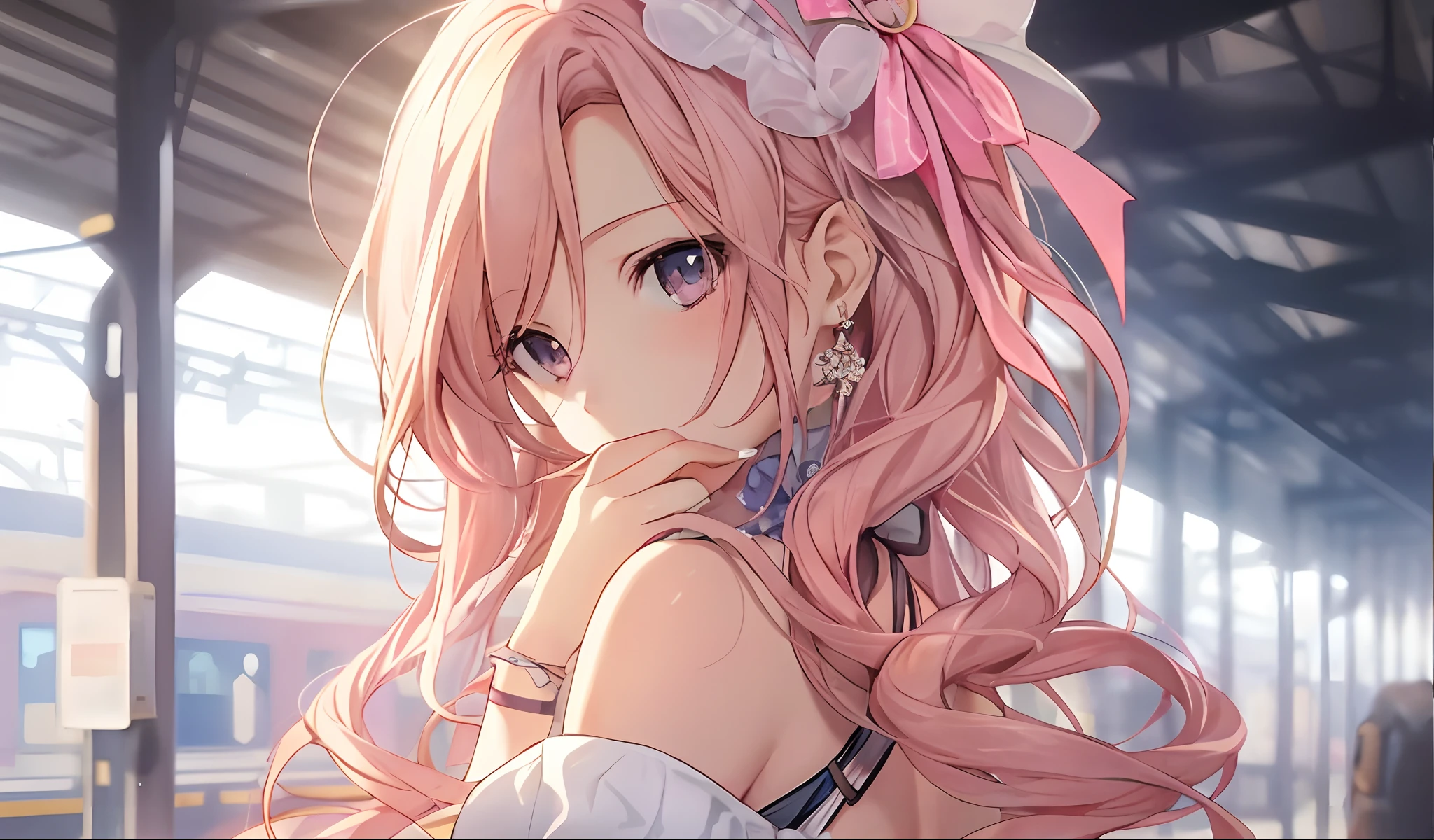 Anime girl with long pink hair and bow at train station, anime visual of a cute girl, Splash art anime Loli, detailed portrait of an anime girl, anime visual of a young woman, Beautiful anime girl, a beautiful anime portrait, cute anime waifu in a nice dress, Smooth anime CG art, seductive anime girls, A scene from the《azur lane》videogame