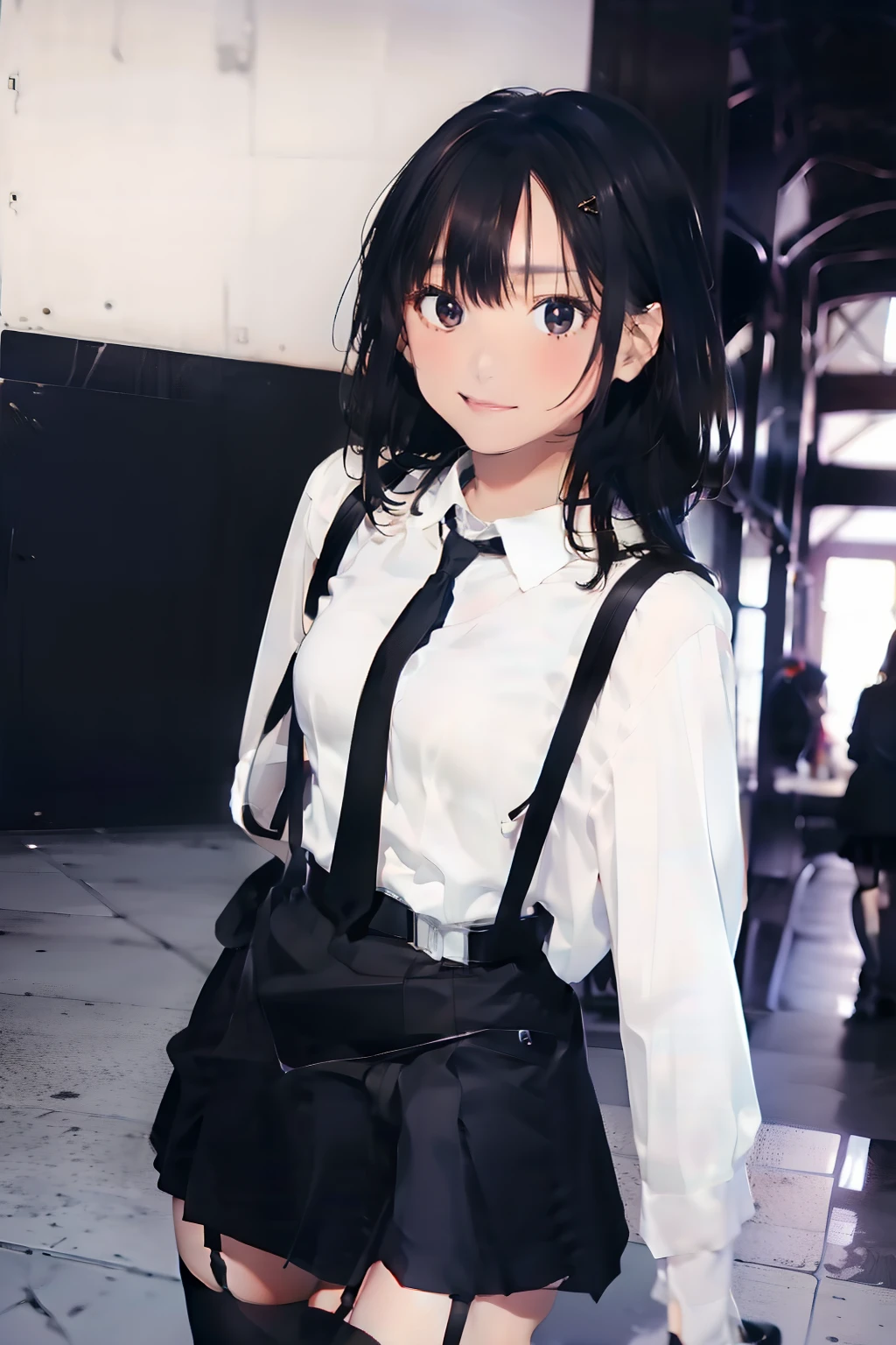 a black skirt, neck tie, white shirt suspenders, Long Black Hair, Gray eyes, holster, Garter belt on the legs, Moderately breasts, hands above your head, Moderate, Pichi Pichi clothes, both sides