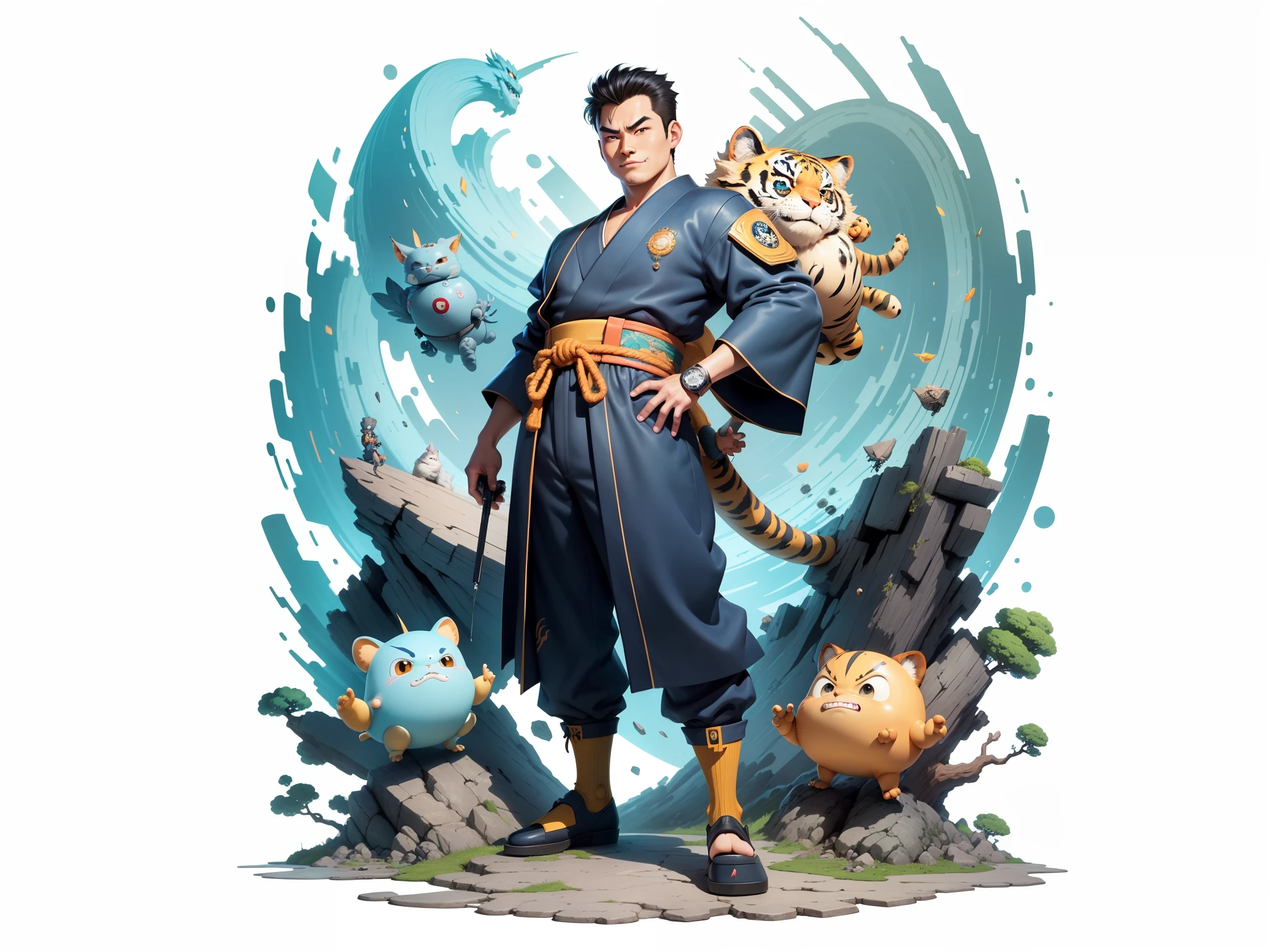 (Masterpiece), (Excellent), (Super Meticulous), (Full Body: 1.2), Super Young Man, Oriental Face, Japanese Kimono, Japanese Wind Thunder God, Dragon, Tiger, TV Anchor, Bust Portrait Illustration, Alone, Black Suit, Blue Tie, Slightly Chubby Face, Very Clean Face, No Beard, Black Super Short Hair, Black Eyes, Confident Smile, 3c Computer Sub-Products, iPad, iPhone, Digital Painting, 3D Character Design by Akira Toriyama and Mark Claireden and Pixar and Hayao Miyazaki, The illustration is a high-definition illustration in 4K resolution with very detailed facial features and cartoon-style visuals.