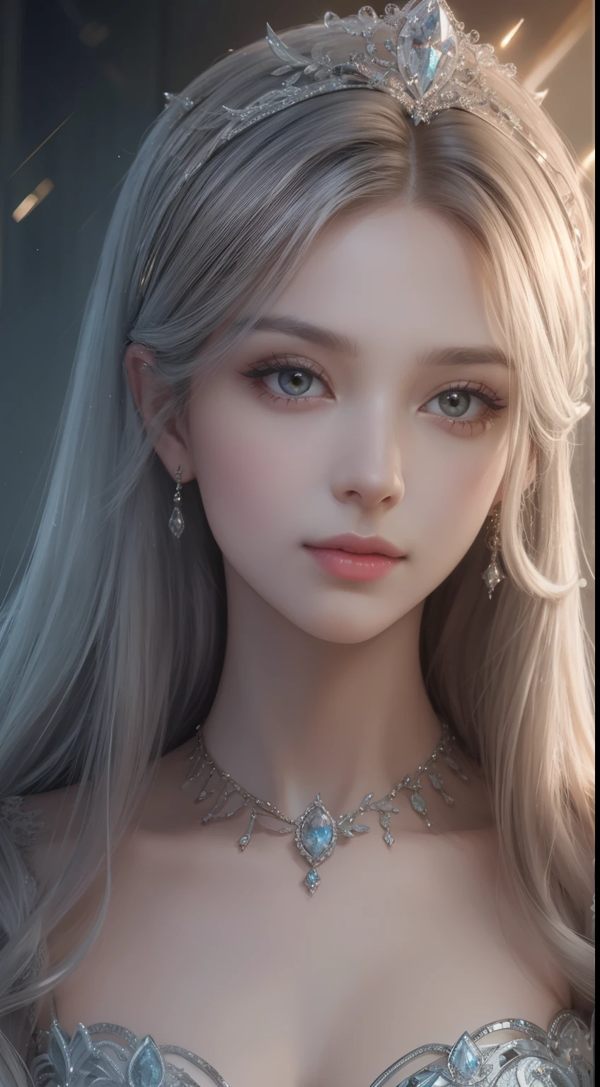 tmasterpiece,Highest image quality,Beautiful bust of a royal lady,Delicate silver hairstyle,The golden eyes are clear,Embellished with a dazzling array of intricate jewelry,super detailing,upscaled。