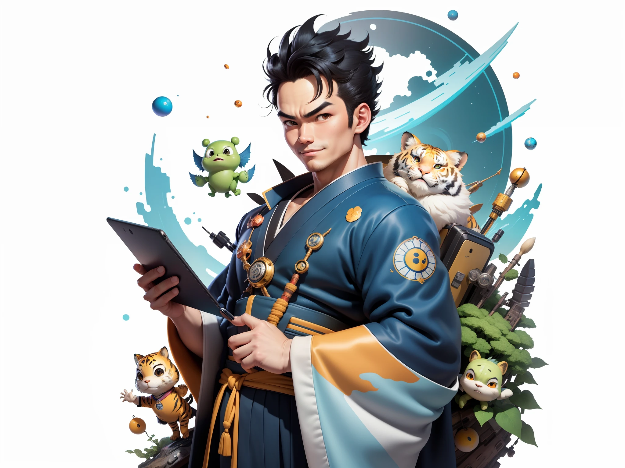 (Masterpiece), (Excellent), (Super Meticulous), (Full Body: 1.2), Super Young Man, Oriental Face, Japanese Kimono, Japanese Wind Thunder God, Dragon, Tiger, TV Anchor, Bust Portrait Illustration, Alone, Black Suit, Blue Tie, Slightly Chubby Face, Very Clean Face, No Beard, Black Super Short Hair, Black Eyes, Confident Smile, 3c Computer Sub-Products, iPad, iPhone, Digital Painting, 3D Character Design by Akira Toriyama and Mark Claireden and Pixar and Hayao Miyazaki, The illustration is a high-definition illustration in 4K resolution with very detailed facial features and cartoon-style visuals.