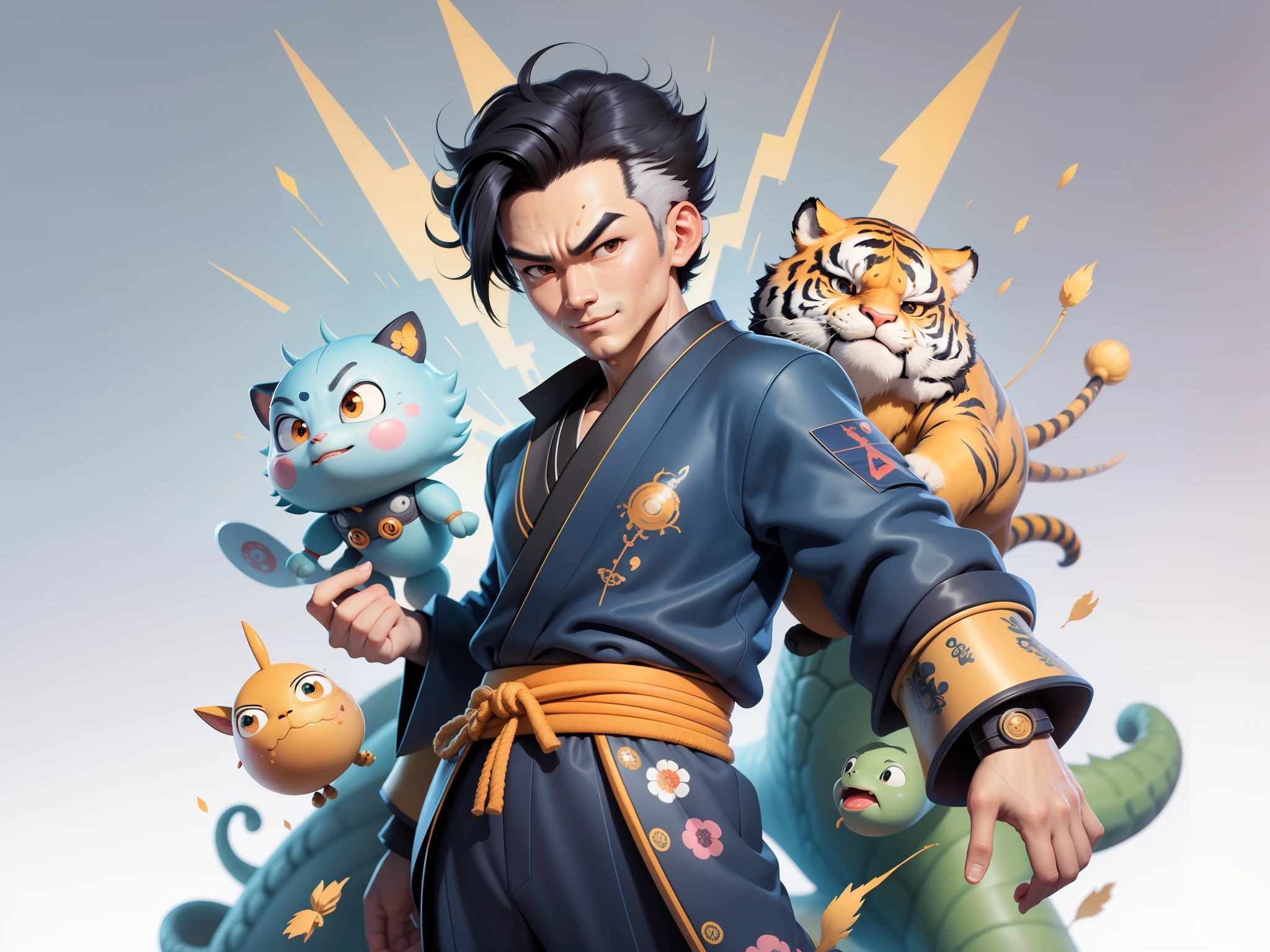 (Masterpiece), (Excellent), (Super Meticulous), (Full Body: 1.2), Super Young Man, Oriental Face, Japanese Kimono, Japanese Wind Thunder God, Dragon, Tiger, TV Anchor, Bust Portrait Illustration, Alone, Black Suit, Blue Tie, Slightly Chubby Face, Very Clean Face, No Beard, Black Super Short Hair, Black Eyes, Confident Smile, 3c Computer Sub-Products, iPad, iPhone, Digital Painting, 3D Character Design by Akira Toriyama and Mark Claireden and Pixar and Hayao Miyazaki, The illustration is a high-definition illustration in 4K resolution with very detailed facial features and cartoon-style visuals.
